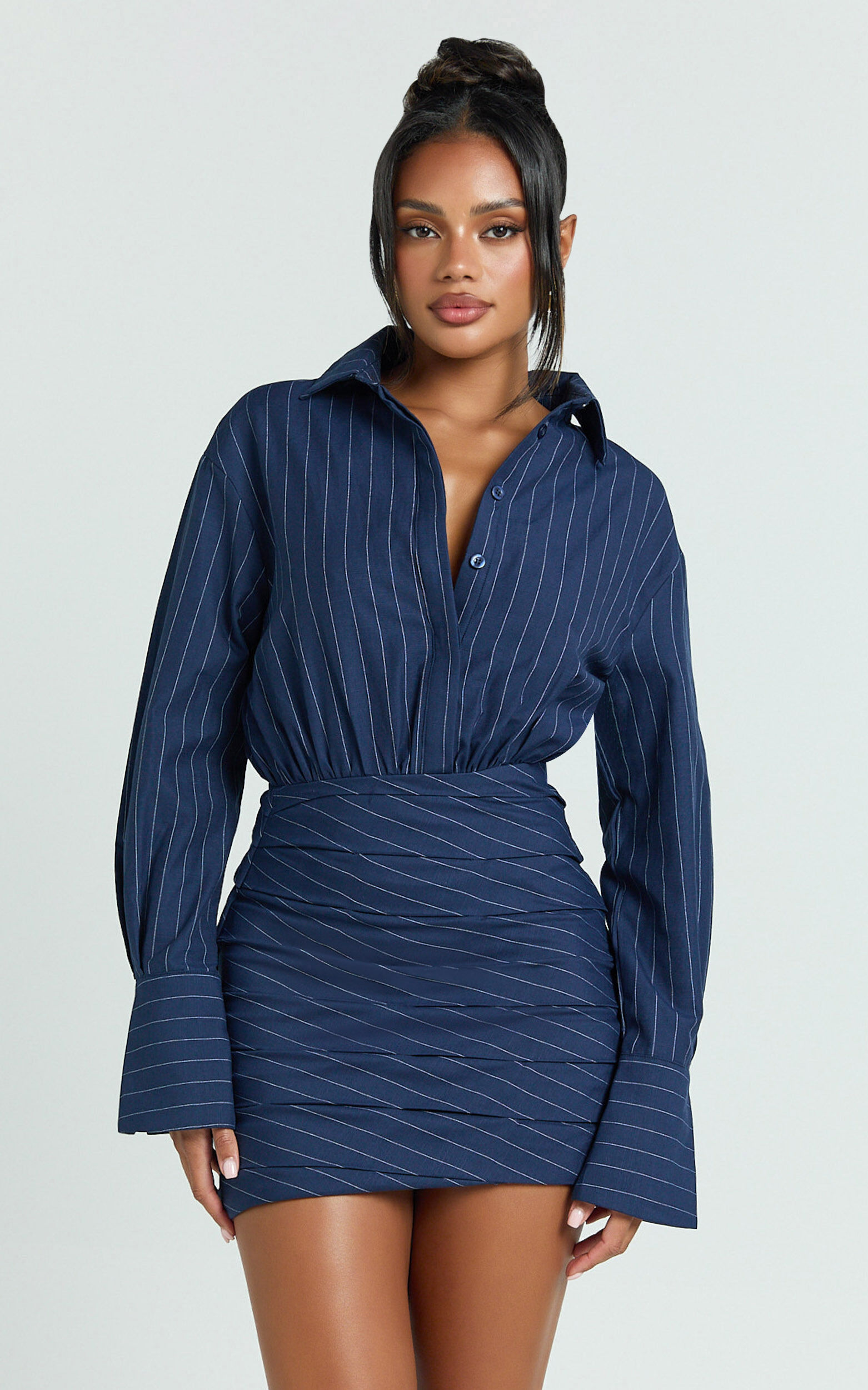 Elliot Mini Dress - Long Sleeve Pinstripe Shirt Dress in Navy Stripe