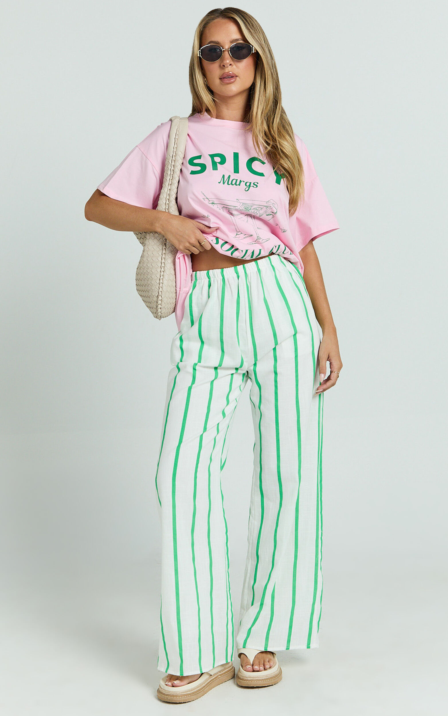 Albina Two Piece Set - Spicy Margs Club Tee and Striped Pant Set in Green