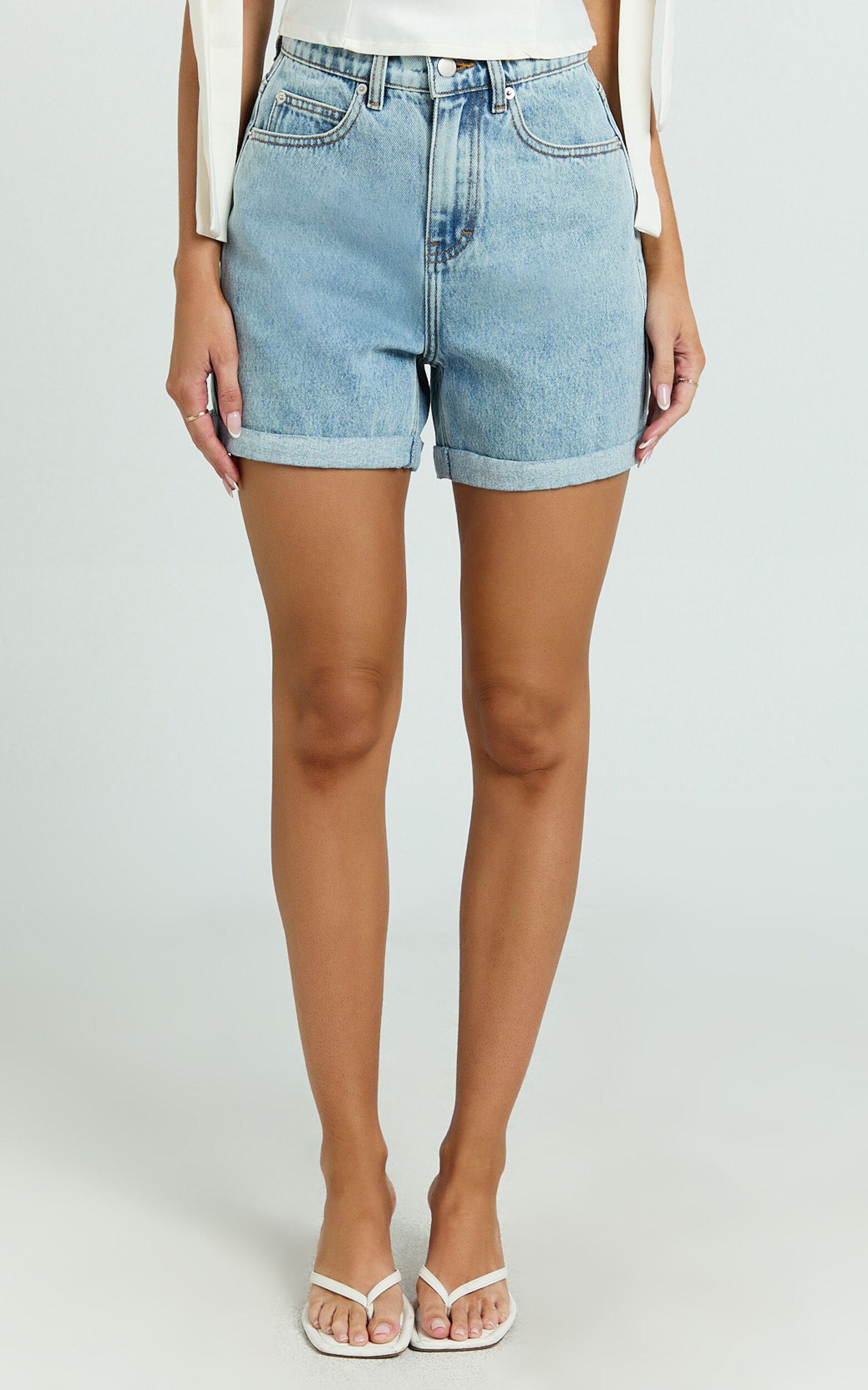 Cristiana Shorts - High Waisted Cuffed Denim in Light Blue Wash