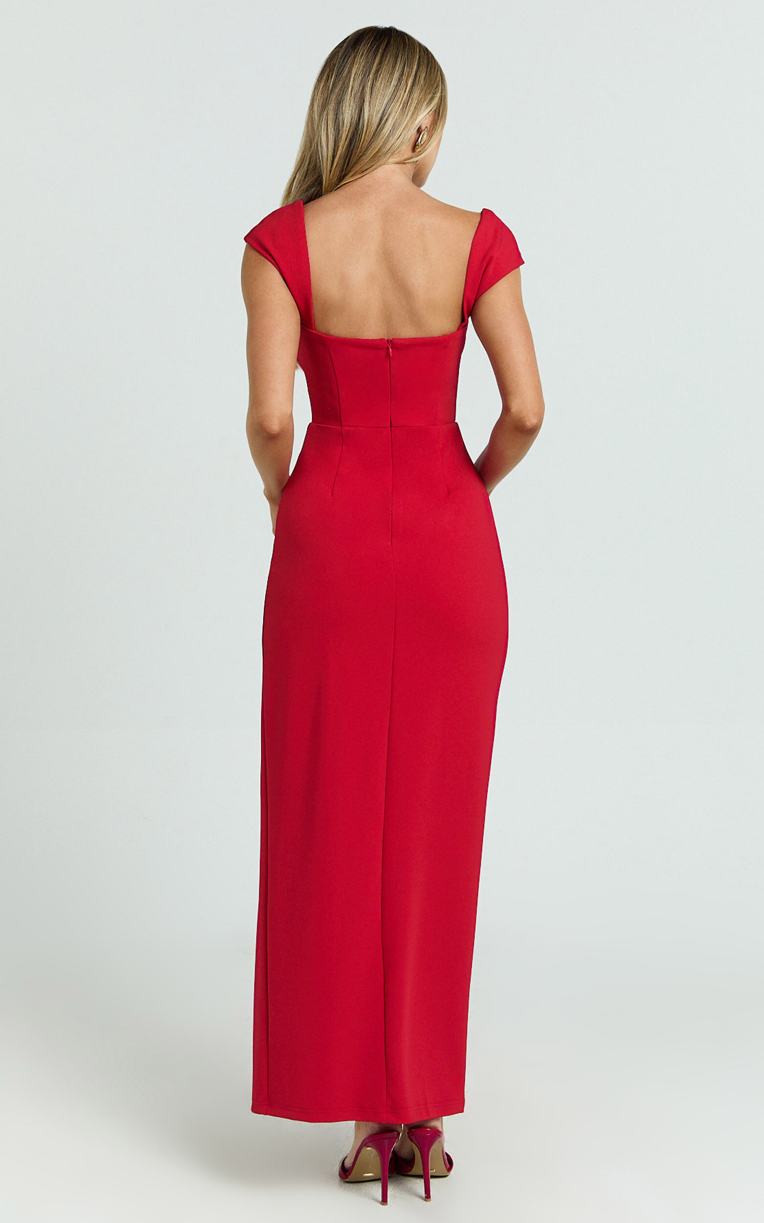 Gabrielle Maxi Dress - Cap Sleeve Sweetheart Neck Bodycon Dress in Red