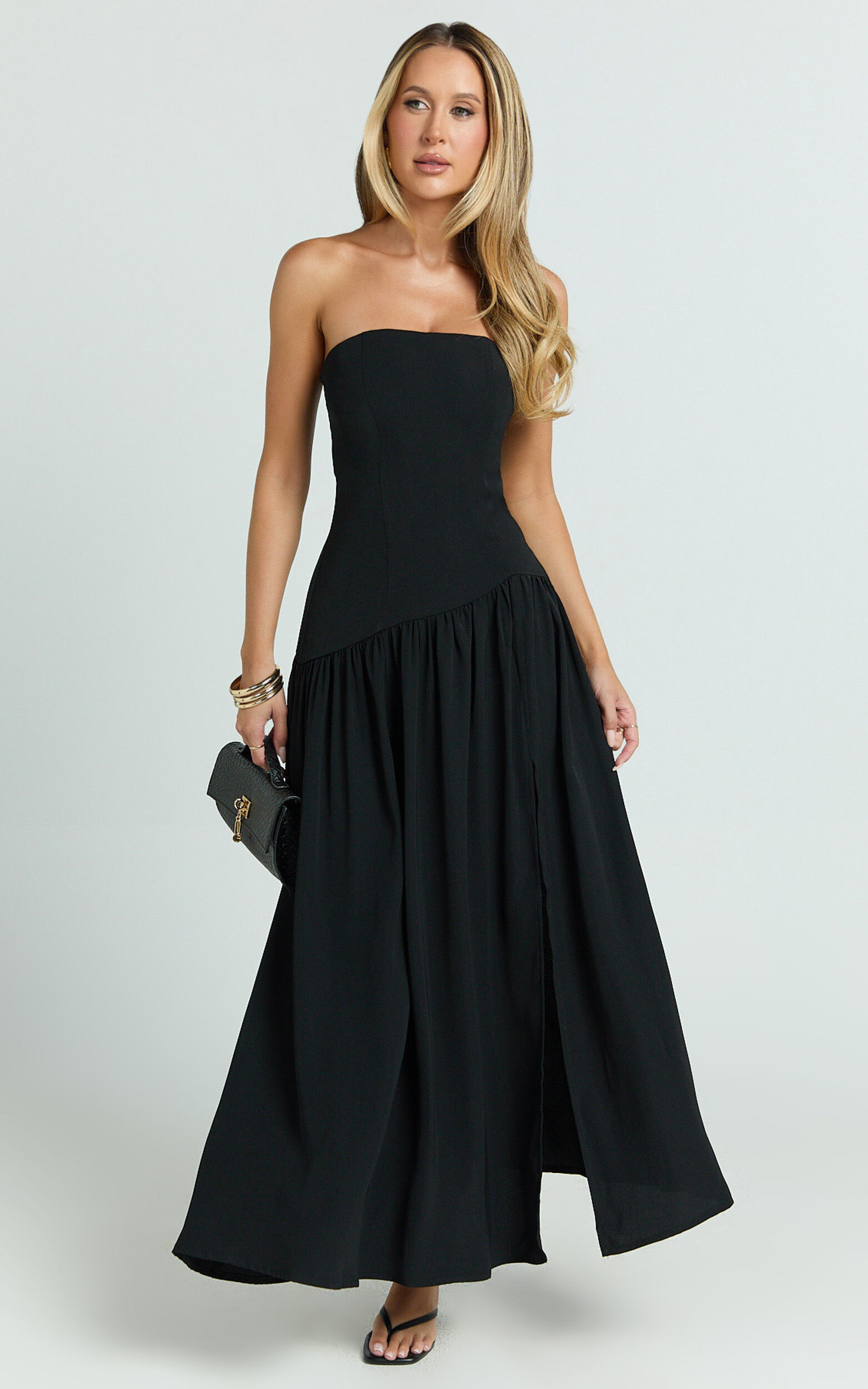 Nadiane Maxi Dress - Strapless Asymmetric Drop Waist Dress in Black