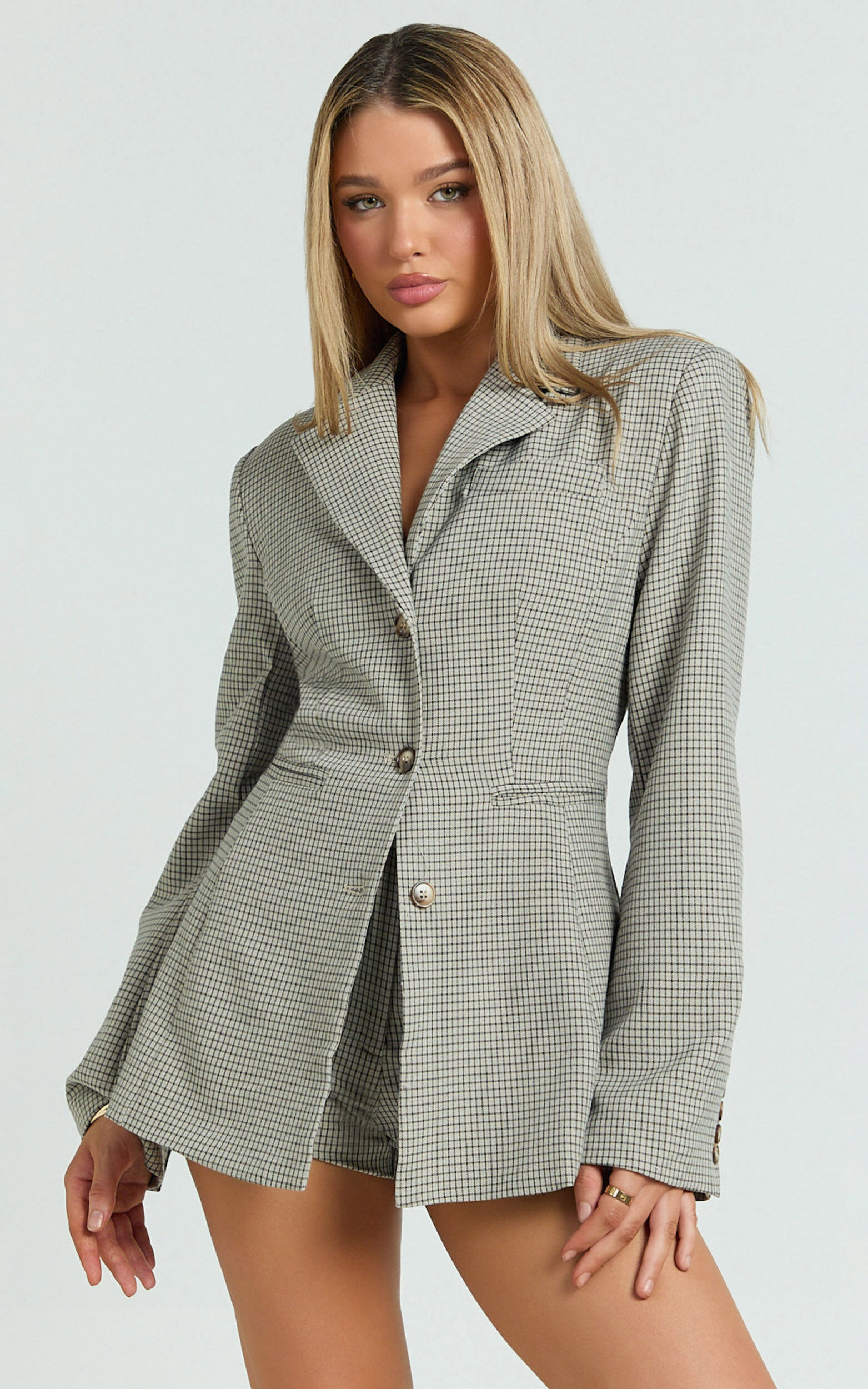 Angela Blazer - Fitted Cinched Waist Blazer in Beige Check