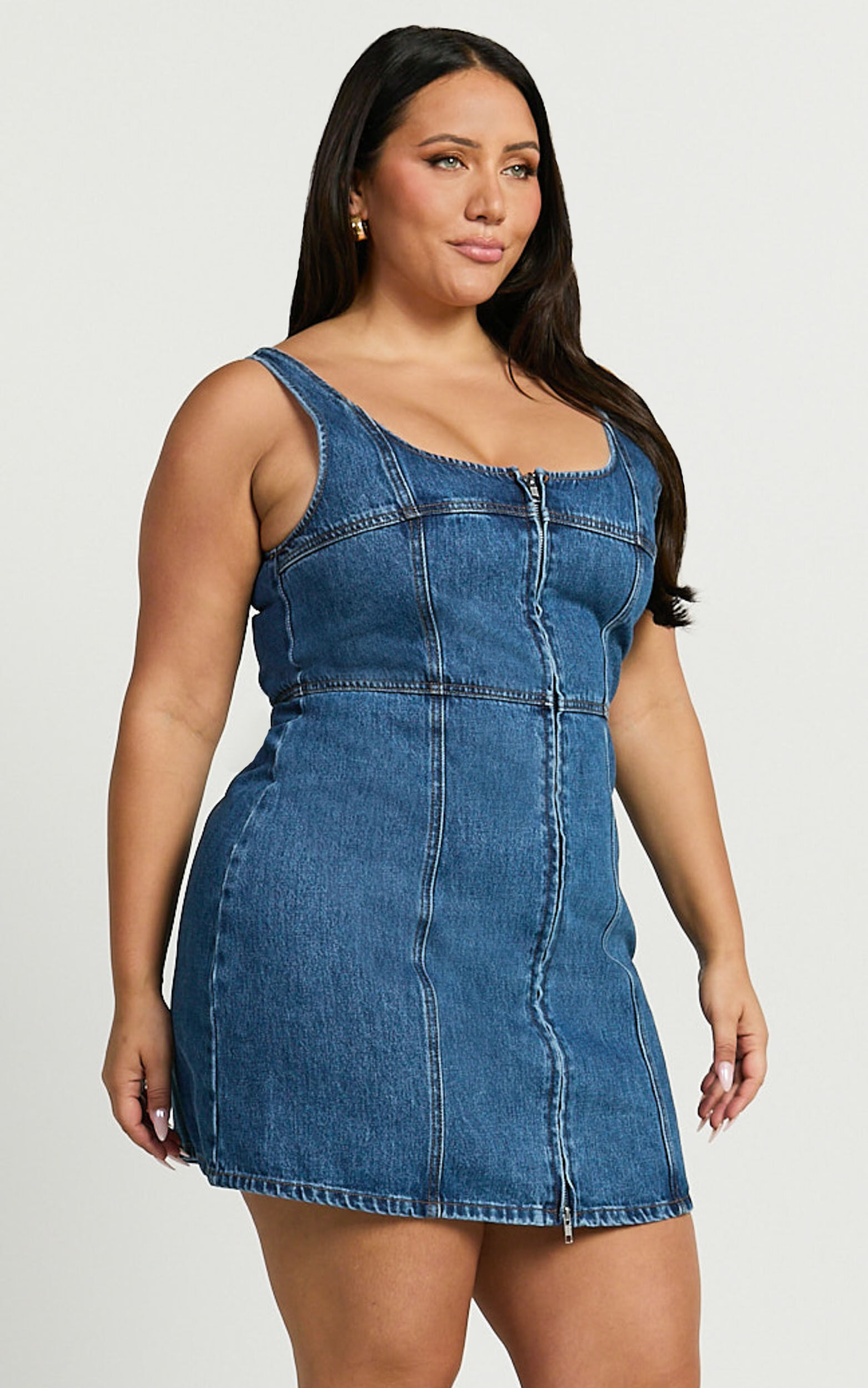 Chrysoula Mini Dress - Square Neck Zip Front Sleeveless Bodycon Denim in Mid Blue Wash