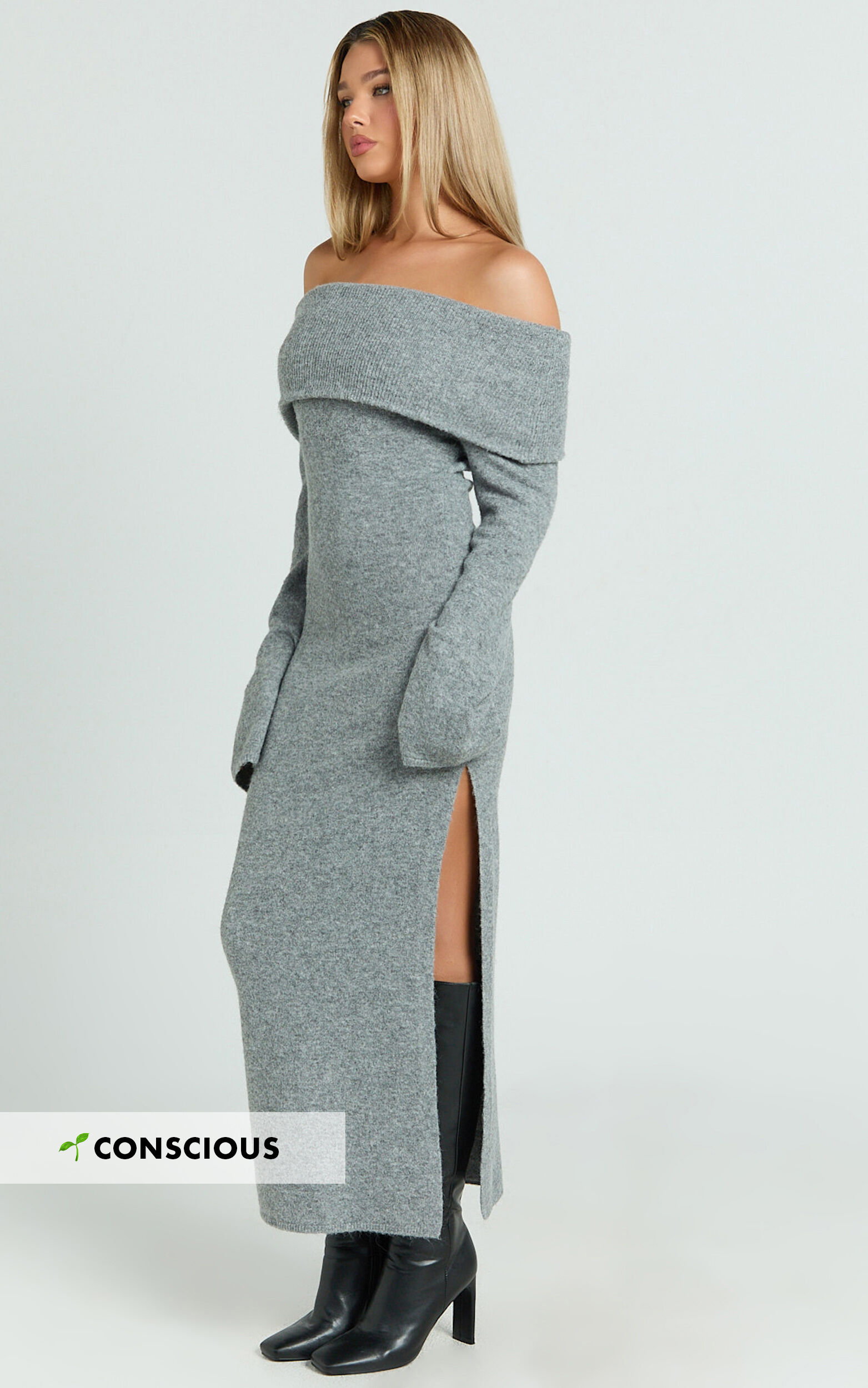 Darcie Midi Dress - Off Shoulder Knitted Long Sleeve Dress in Grey Marle