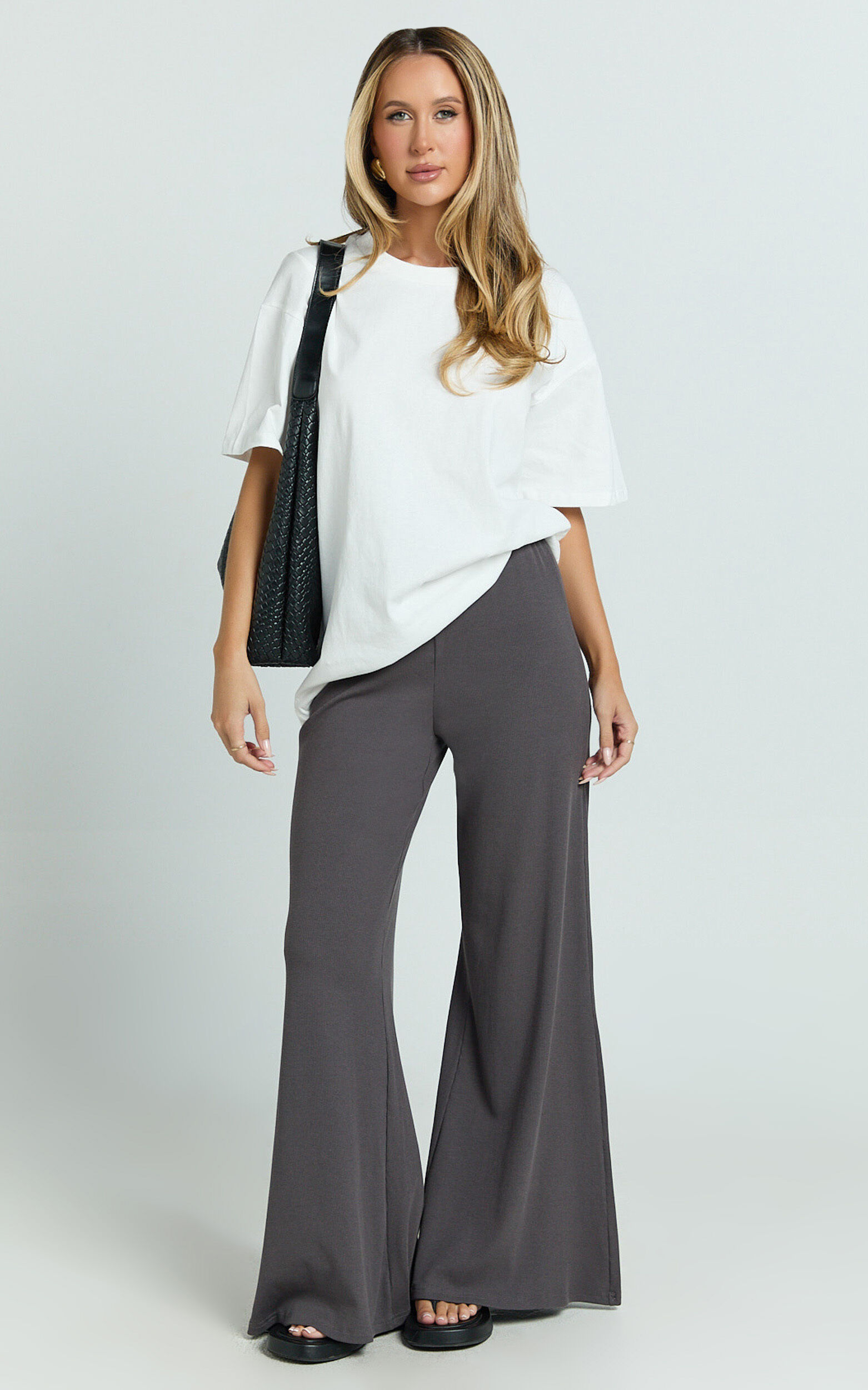 Amalthea Pants - High Waisted Jersey Rib Wide Leg Pants in Charcoal