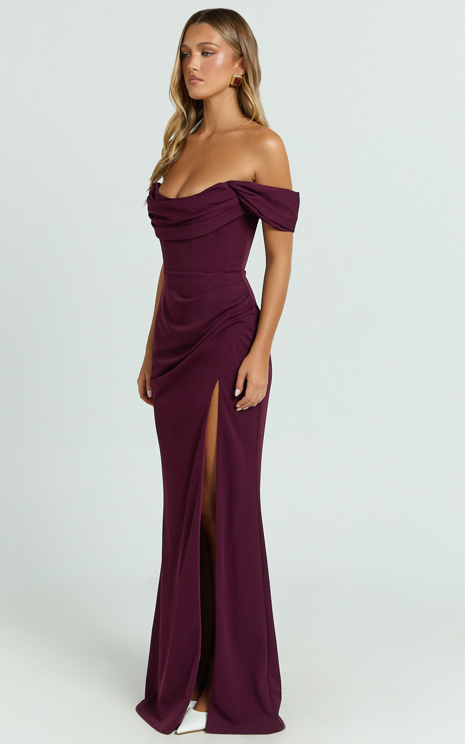 Marcel Maxi Dress - Off Shoulder Corset High Split Dress in Wine