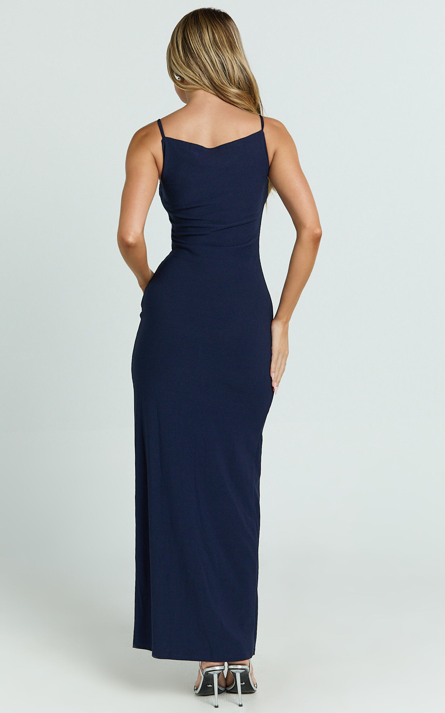 Audette Maxi Dress - Boat Neck Ruched Fitted Dress in Navy