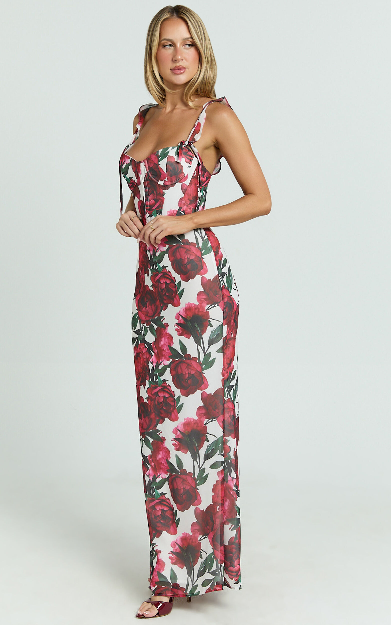 Mabel Maxi Dress - Georgette Frill Sleeve Sweetheart Bias Cut Dress in Rose Blanca