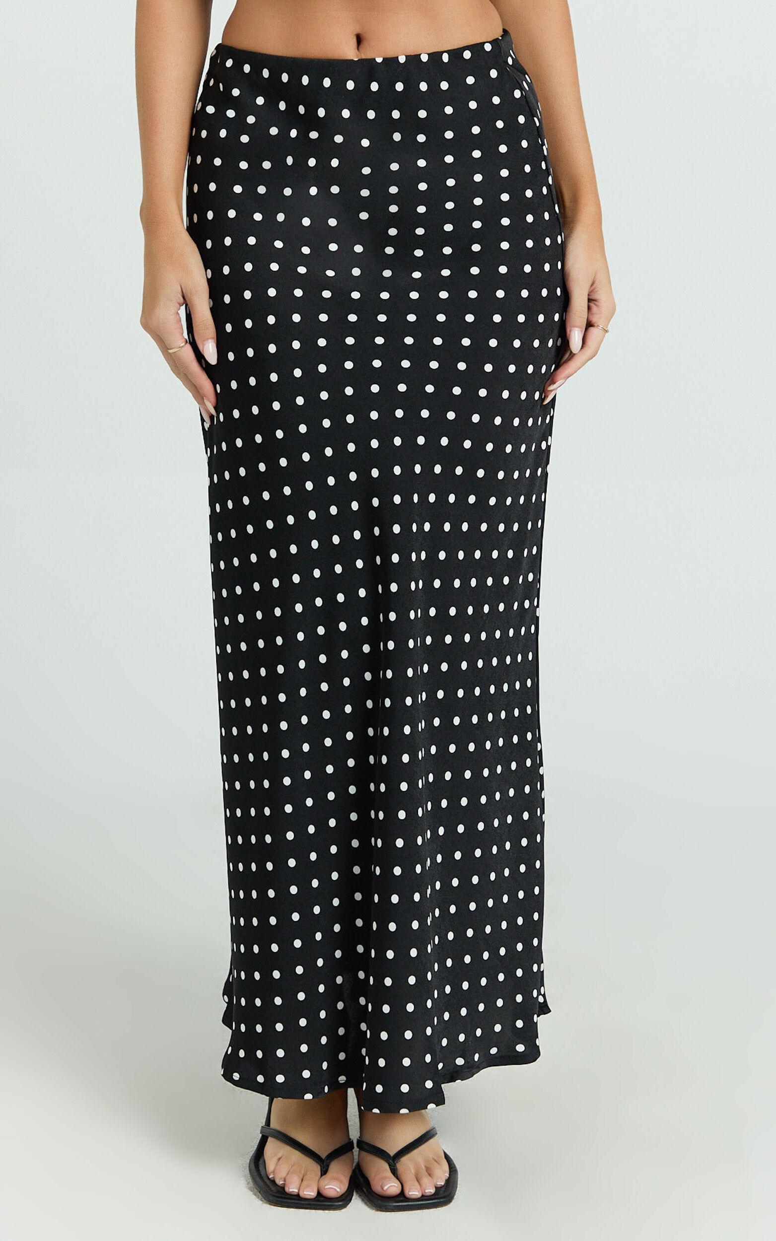 Amari Maxi Skirt - High Waisted Bias Cut Skirt in Black Polka Dot