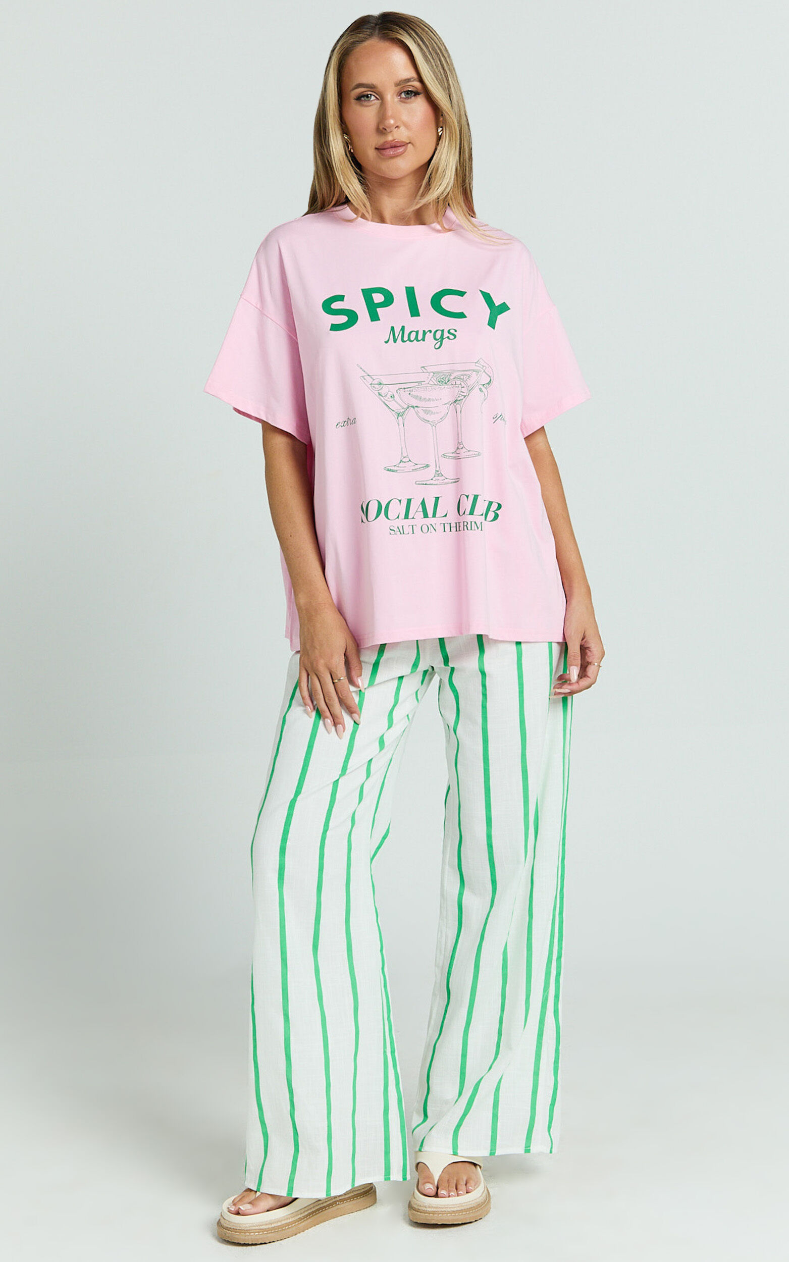 Albina Two Piece Set - Spicy Margs Club Tee and Striped Pant Set in Green