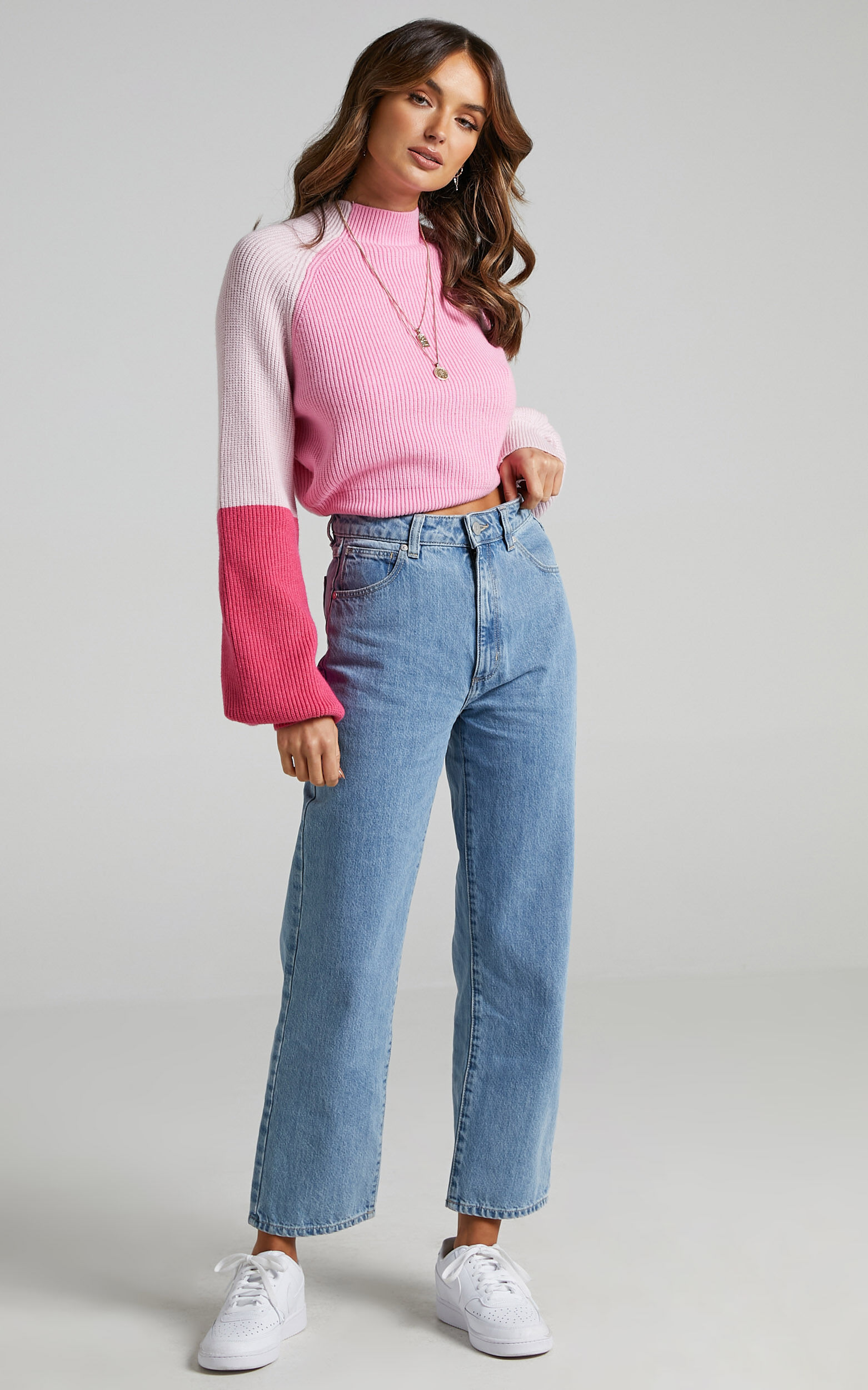 Kensley Jumper - Colour Block Turtleneck Balloon Sleeve Knit Jumper in Pink