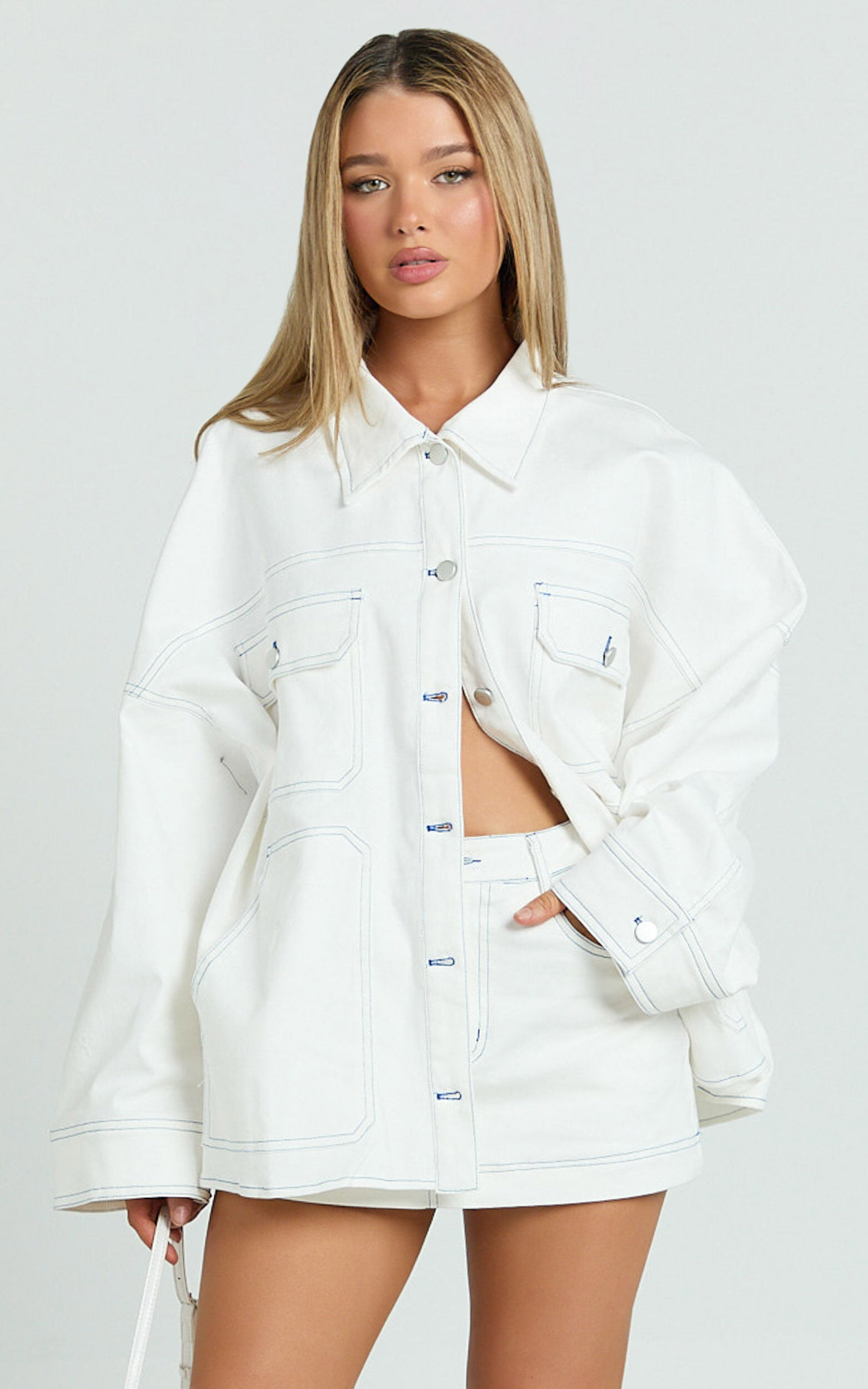 Richelle Jacket - Contrast Stitch Oversized Jacket With Contrast Stitch Detail in Off White