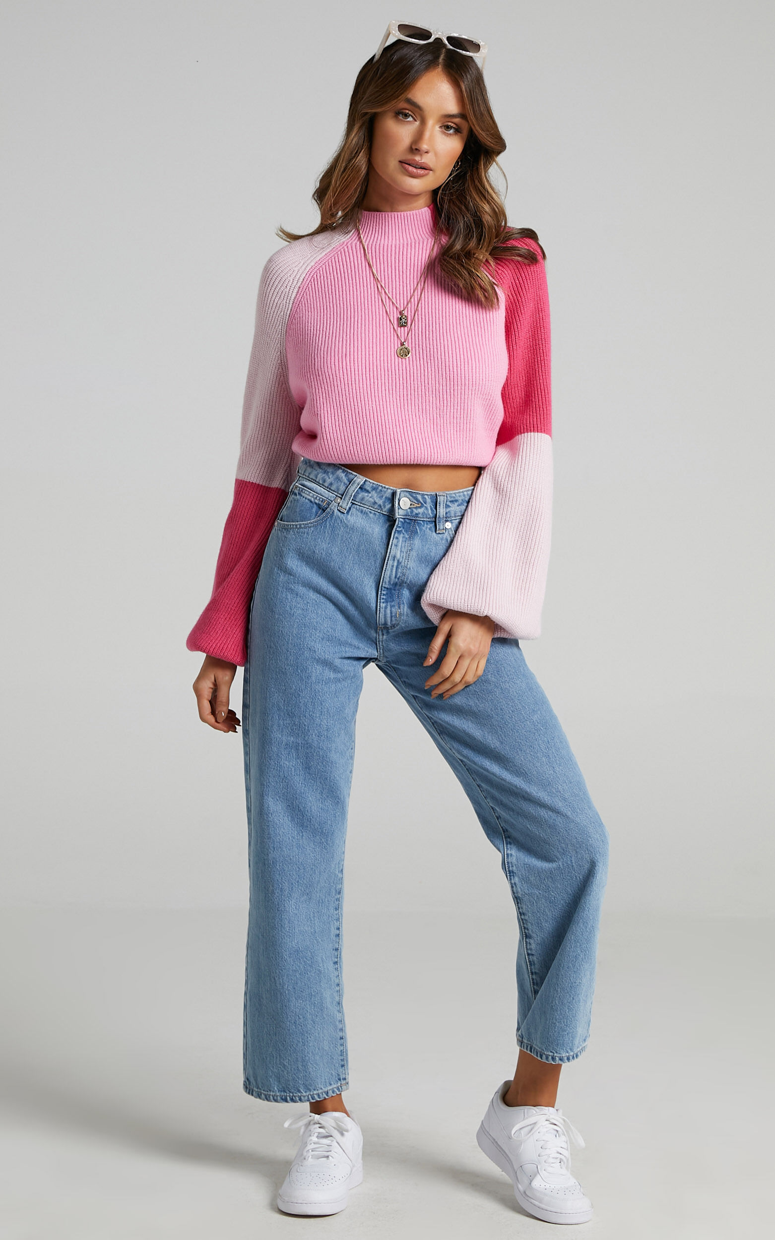 Kensley Jumper - Colour Block Turtleneck Balloon Sleeve Knit Jumper in Pink