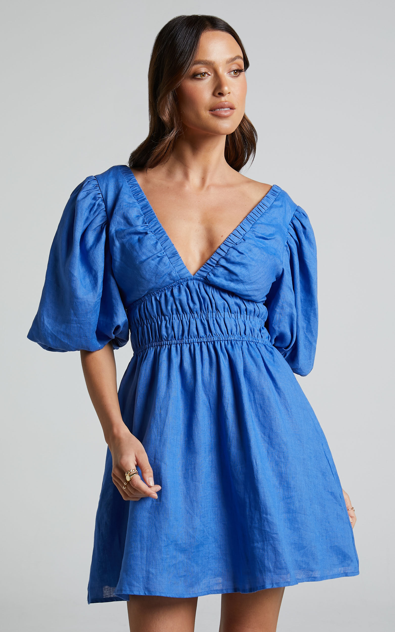 Amalie The Label - Khaila Linen Plunge Puff Sleeve Mini Linen Dress in Blue