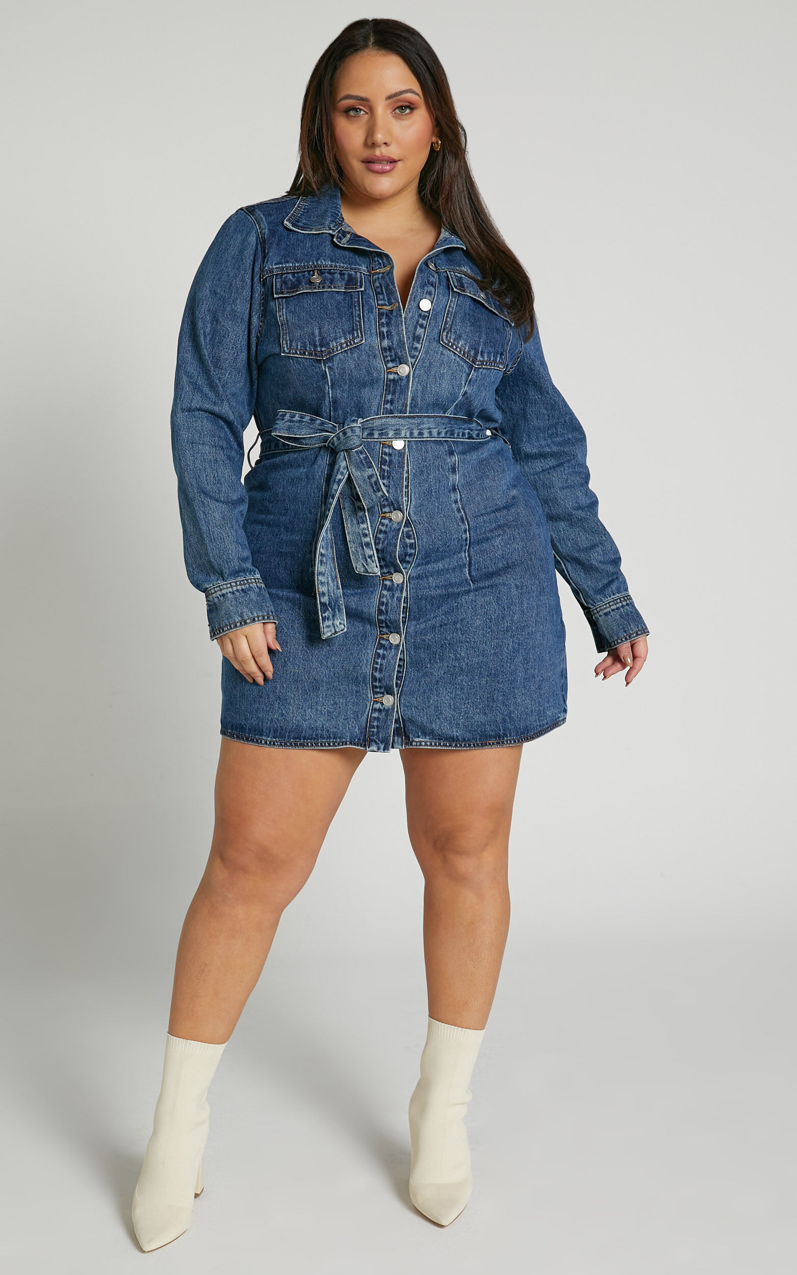 Enriquetta Mini Dress - Cotton Denim Long Sleeve Button Up Dress in Blue
