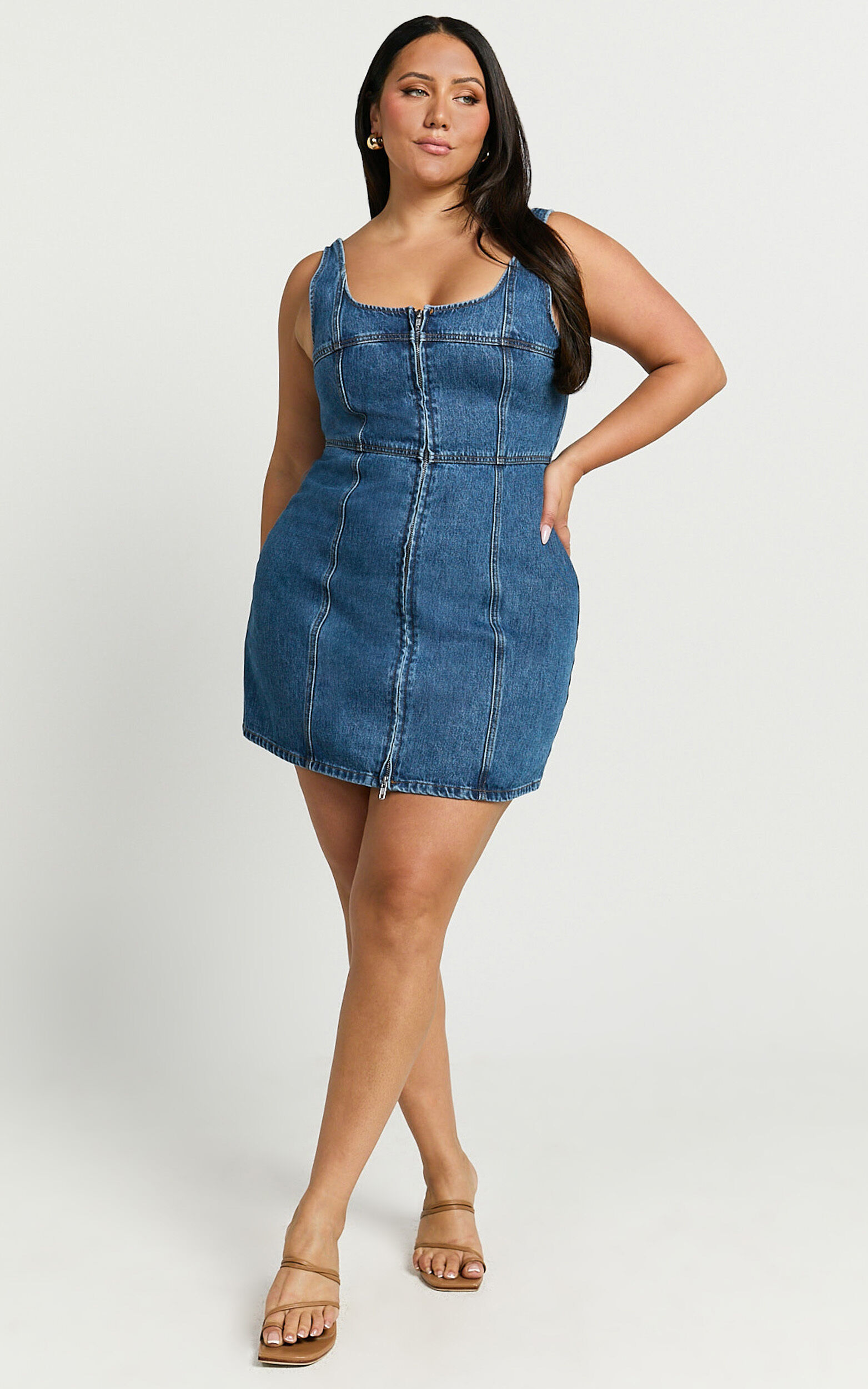 Chrysoula Mini Dress - Square Neck Zip Front Sleeveless Bodycon Denim in Mid Blue Wash
