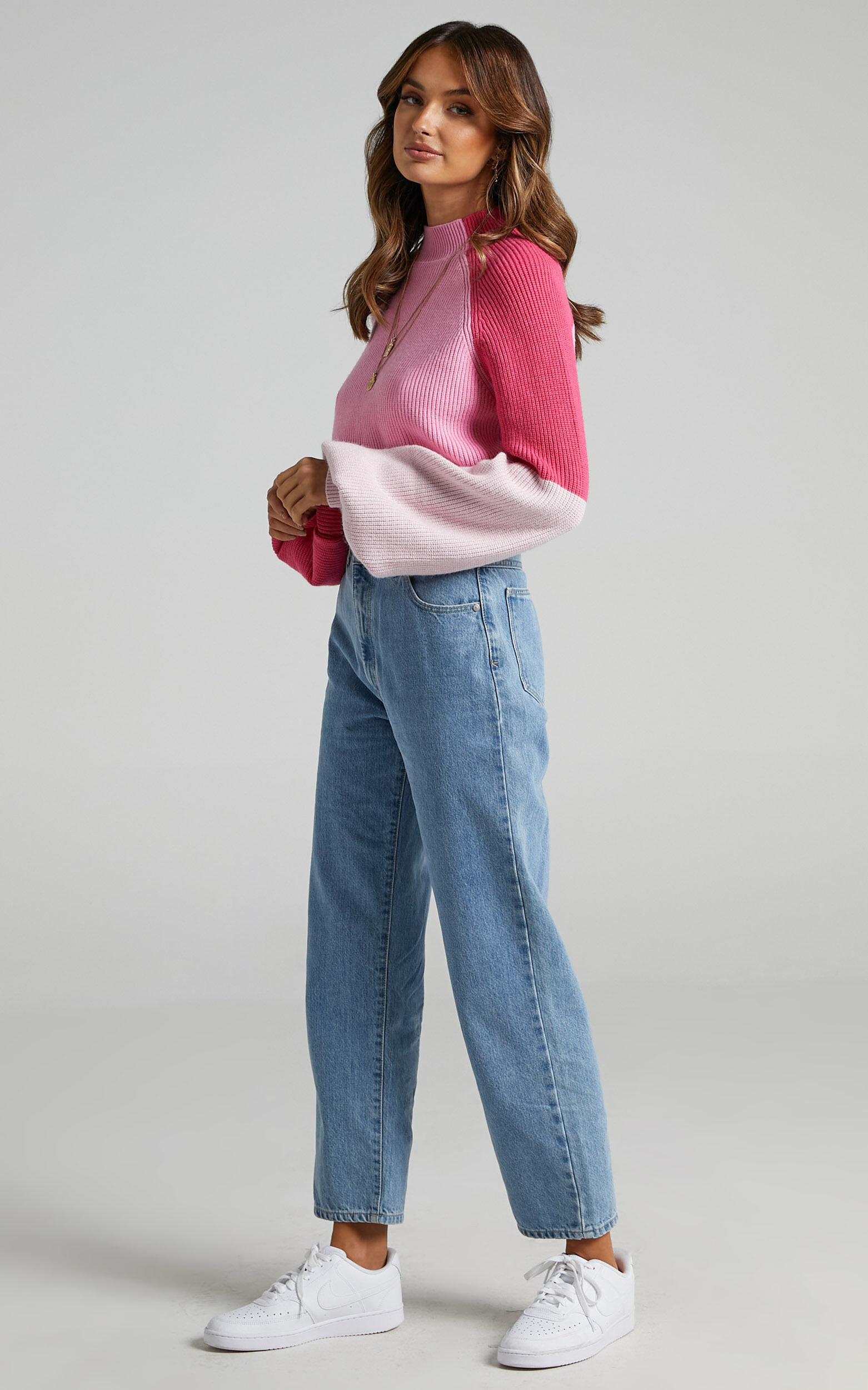 Kensley Jumper - Colour Block Turtleneck Balloon Sleeve Knit Jumper in Pink