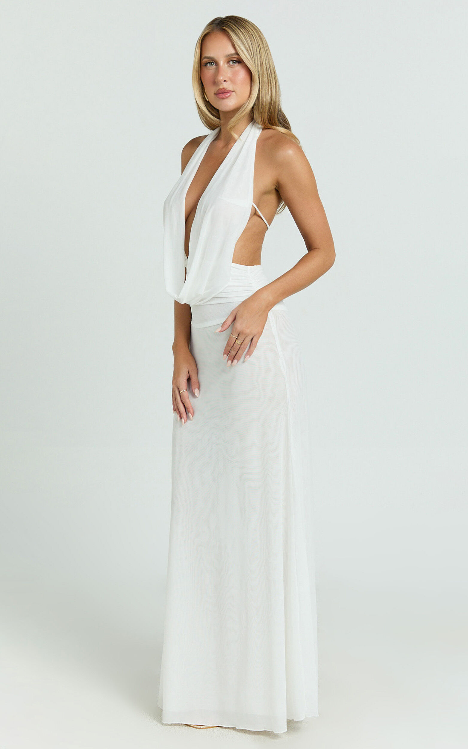 Bettina Maxi Dress - Low Cowl Neck Halter Bodycon Dress in Off White