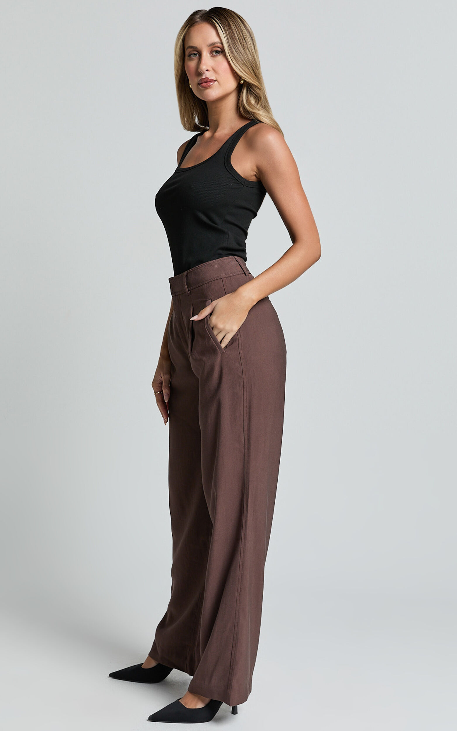 Augustus Pants - High Waisted Wide Leg Tailored Pants in Dark Oak