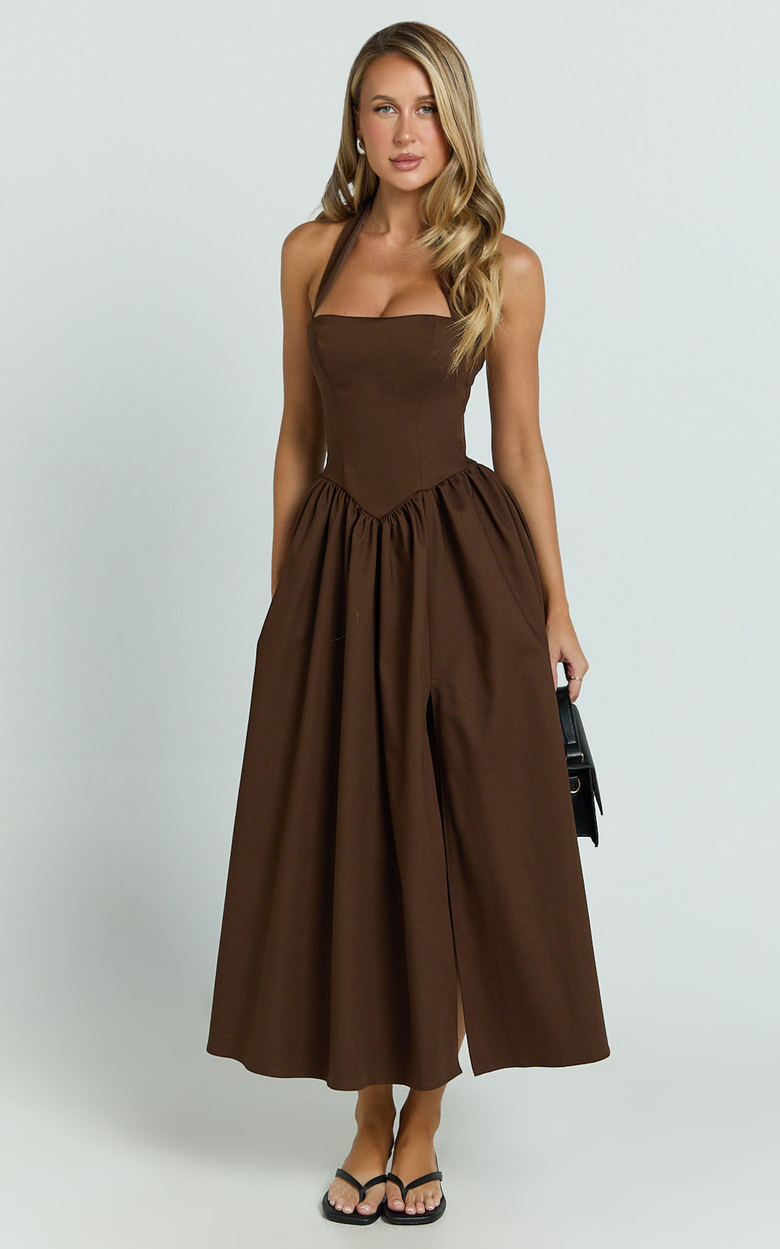 Helda Midi Dress - Halter Tie Neck Corset Panel Dress in Chocolate