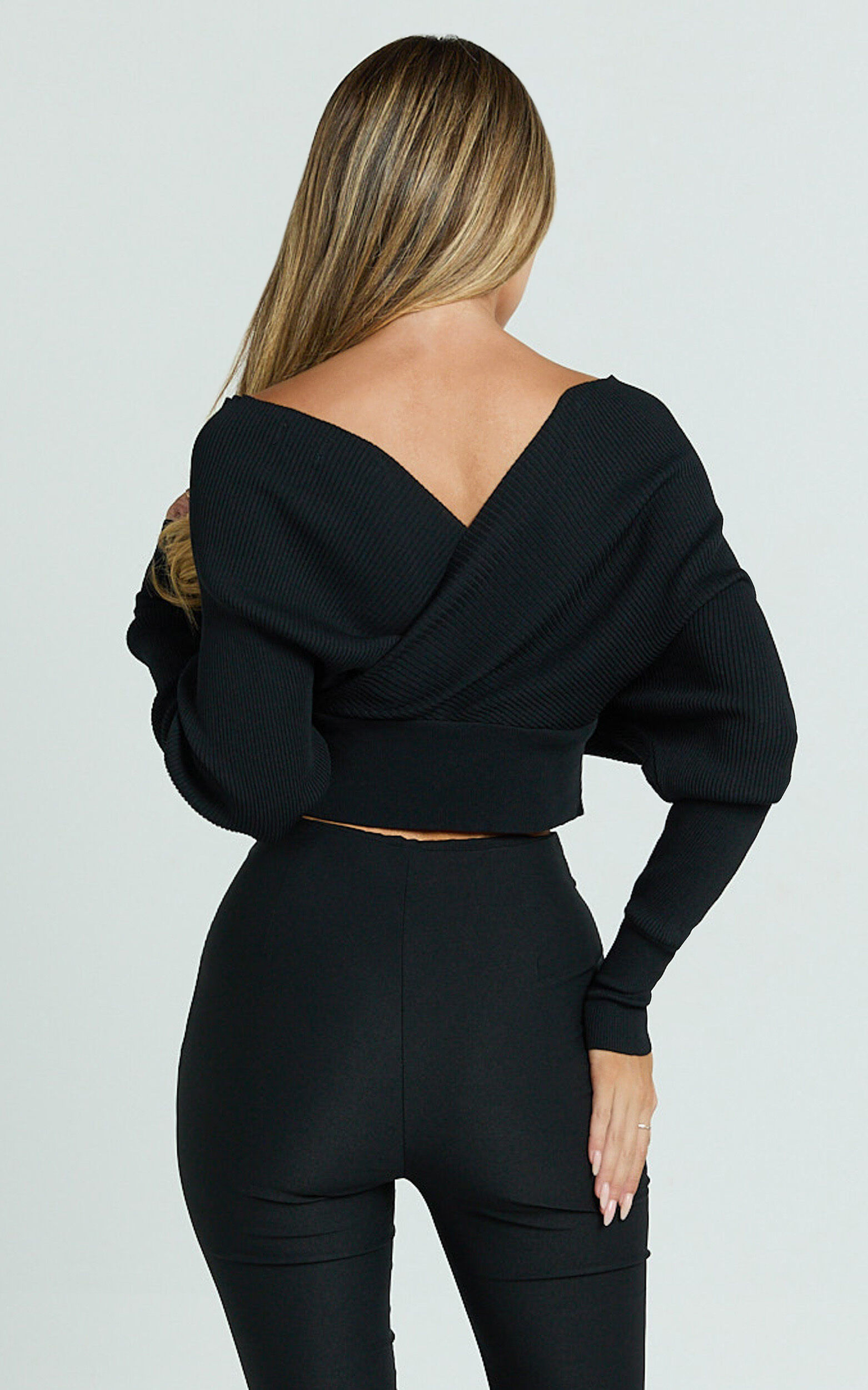 Petra Top - Long Sleeve Wrap Ribbed Knit Top in Black