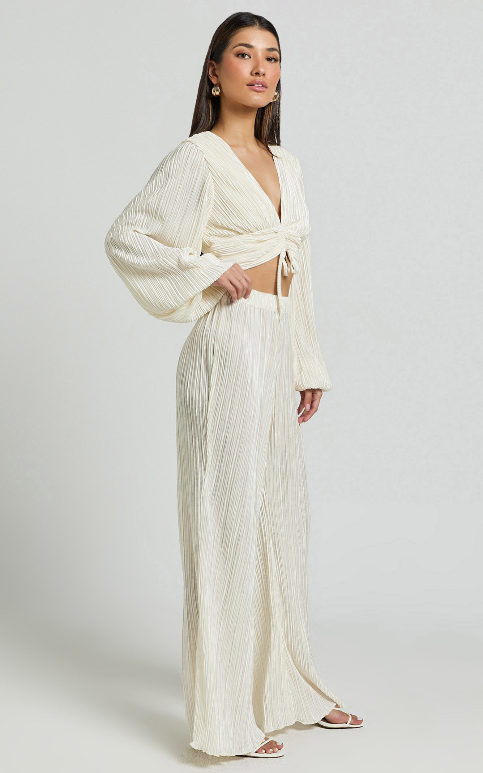 Beca Pants - High Waisted Plisse Flared Pants in Cream