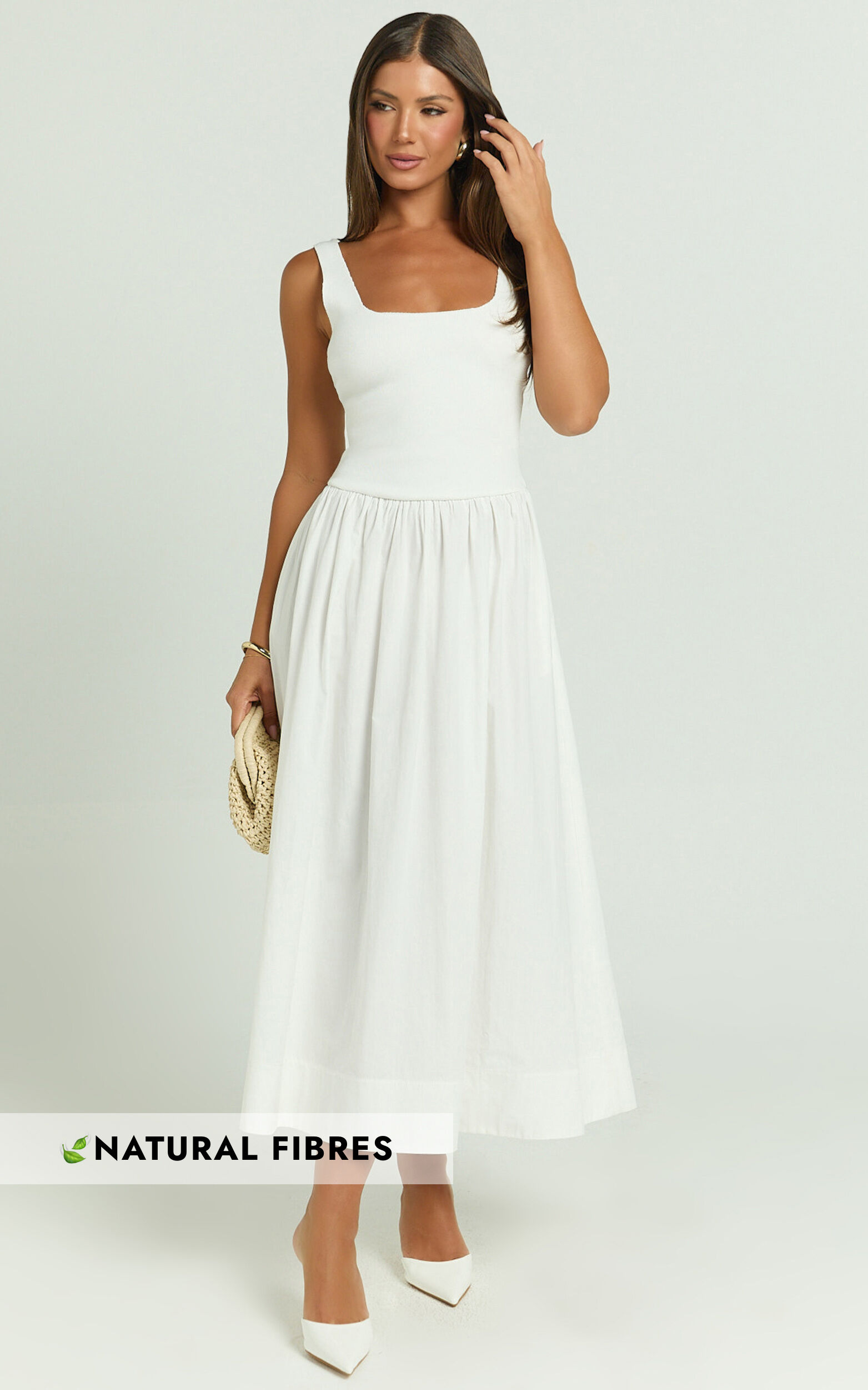 Murphy Midi Dress - Scoop Neck Straight Drop Waist Gathered Skirt Knit And Poplin Dress in White