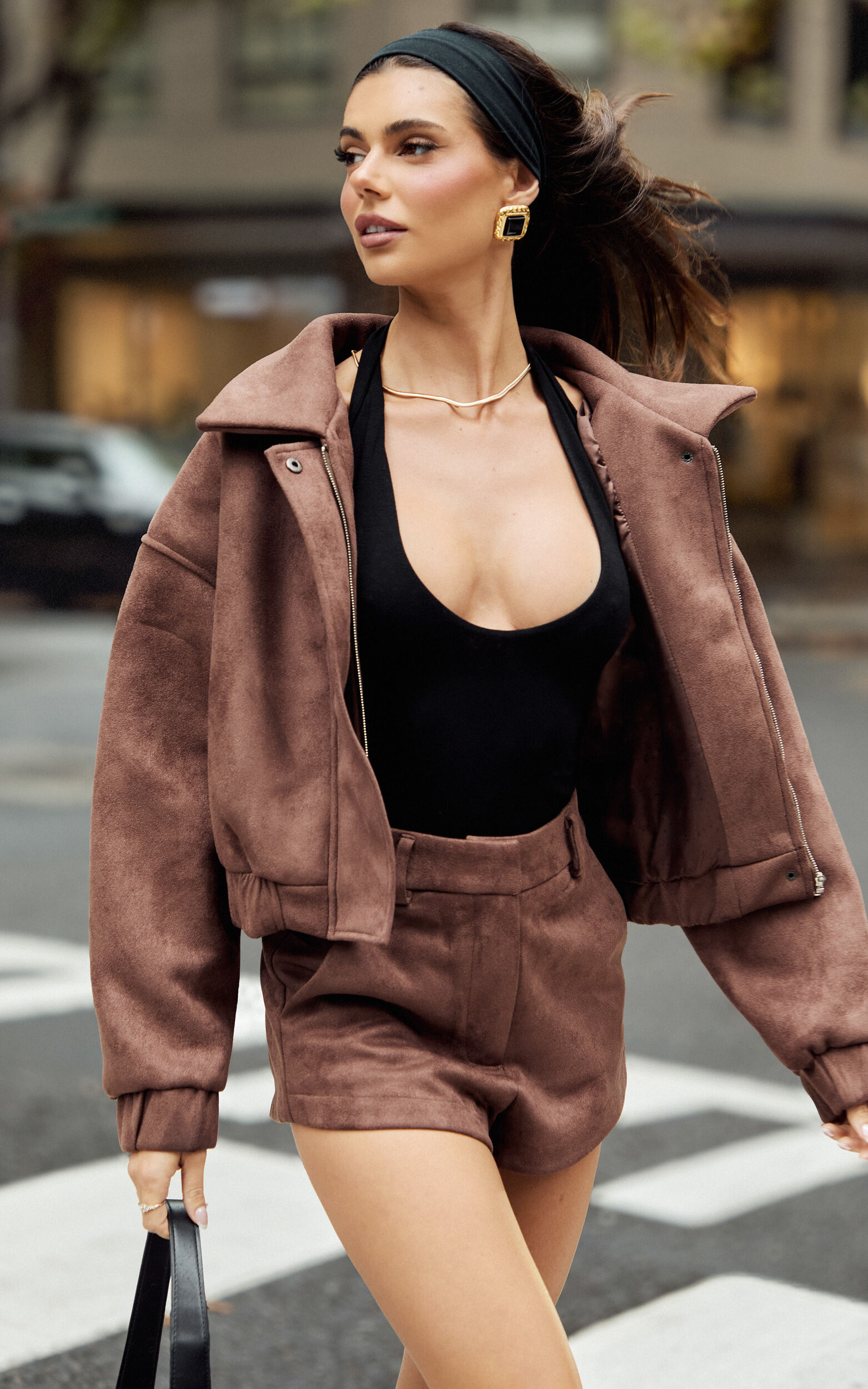 Nessa Jacket - Faux Suede Oversized Cropped Bomber Jacket in Dark Chestnut