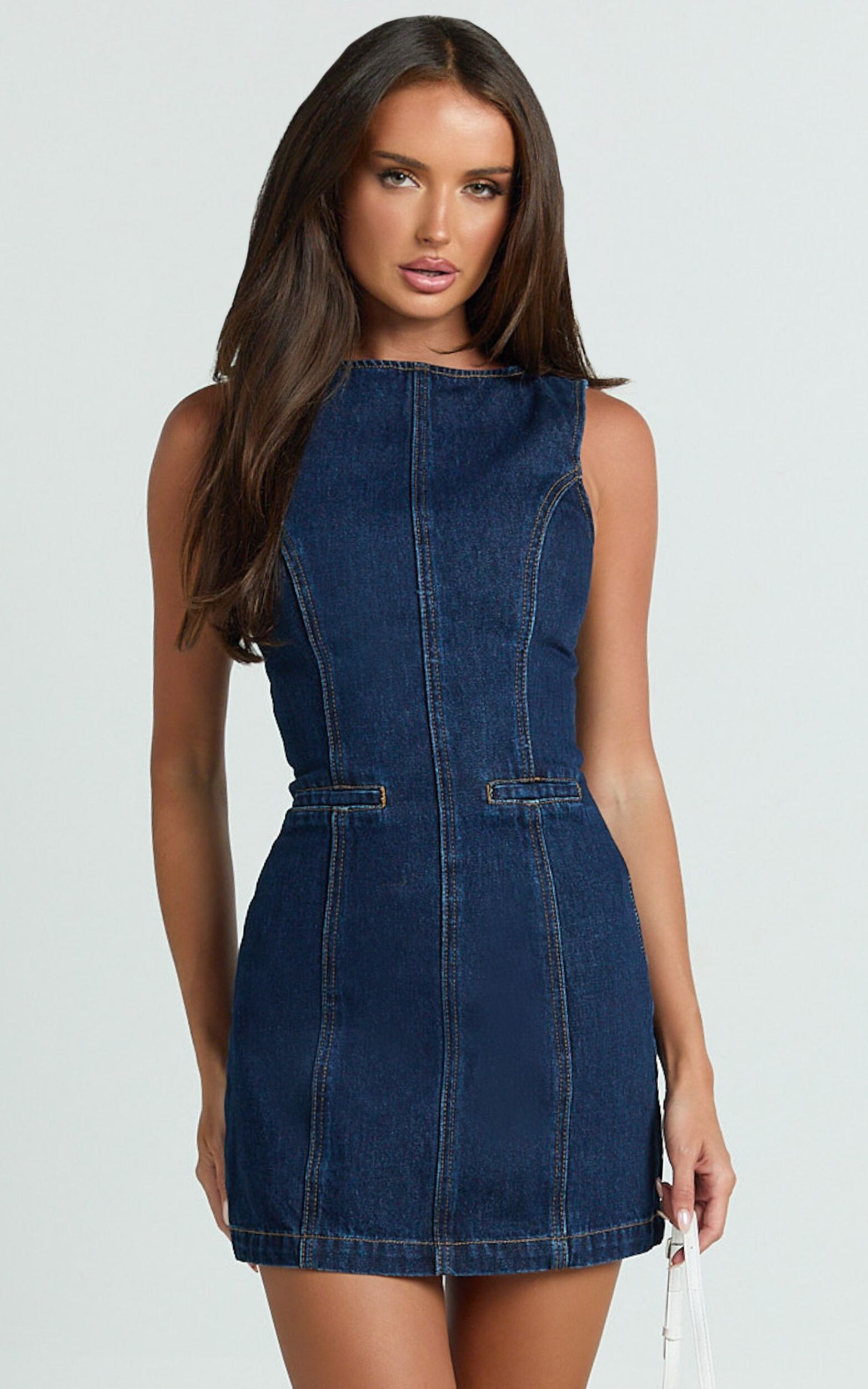 Olenna Mini Dress - High Neck Fitted Denim Dress in Indigo Wash
