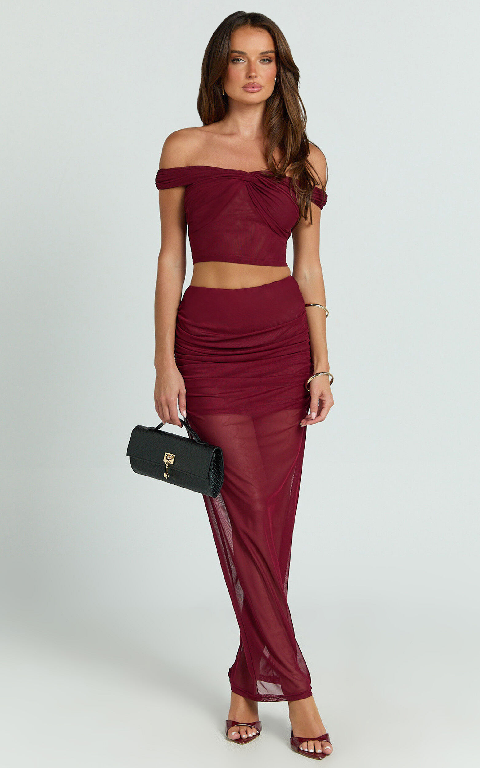 Francine Two Piece Set - Twist Front Top and Mid Waist Gathered Midi Skirt in Wine
