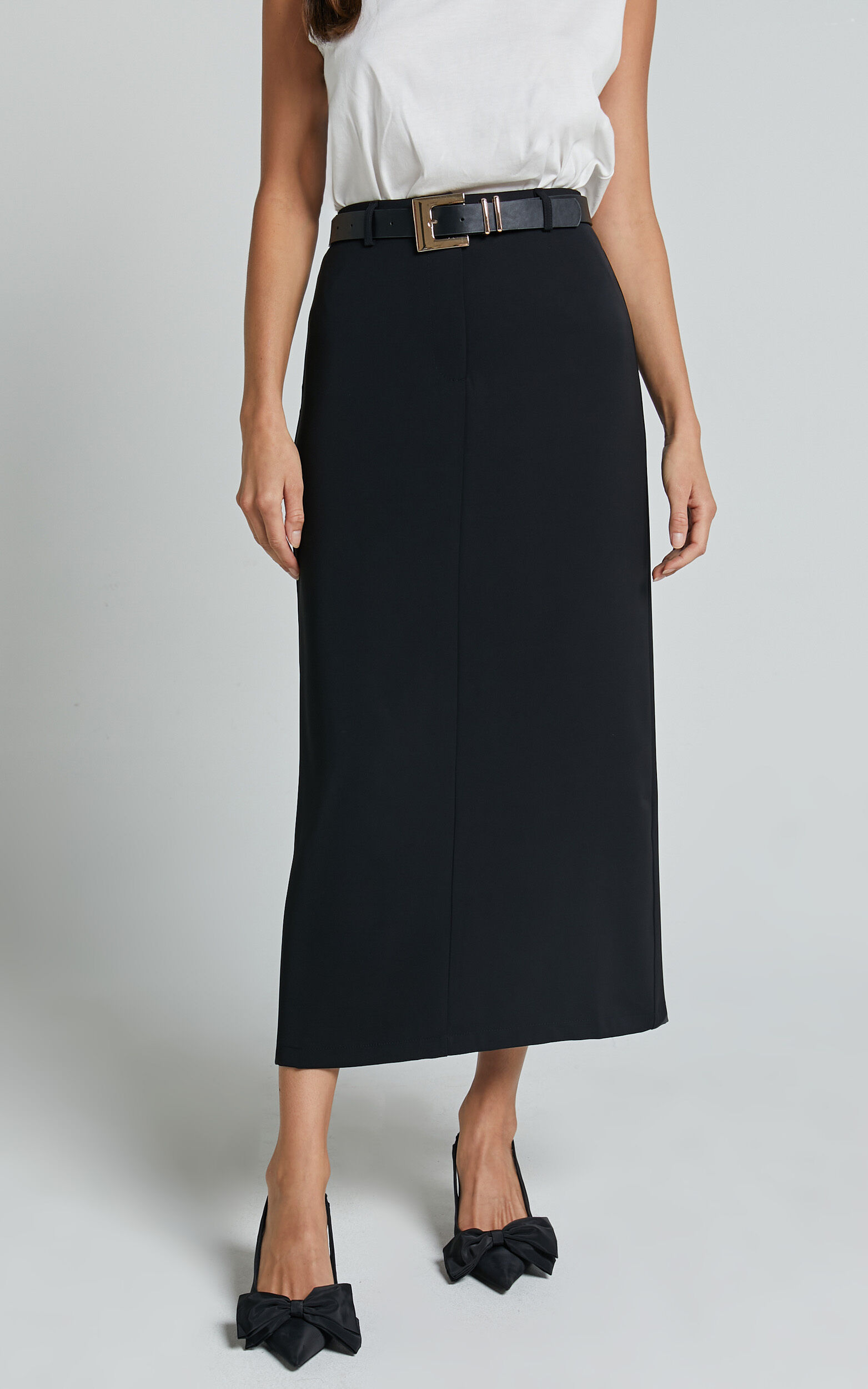 Alanna Midi Skirt - High Waisted Back Split Pencil Skirt in Black