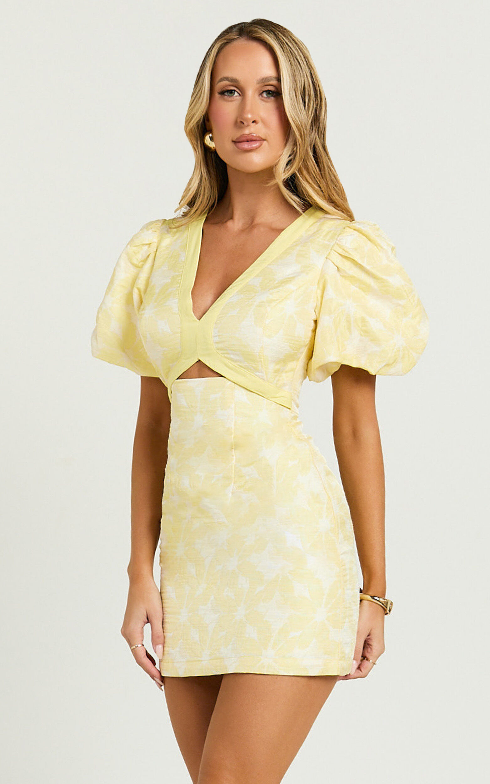 Diana Mini Dress - Jacquard Short Sleeve Cut Out Dress in Lemon