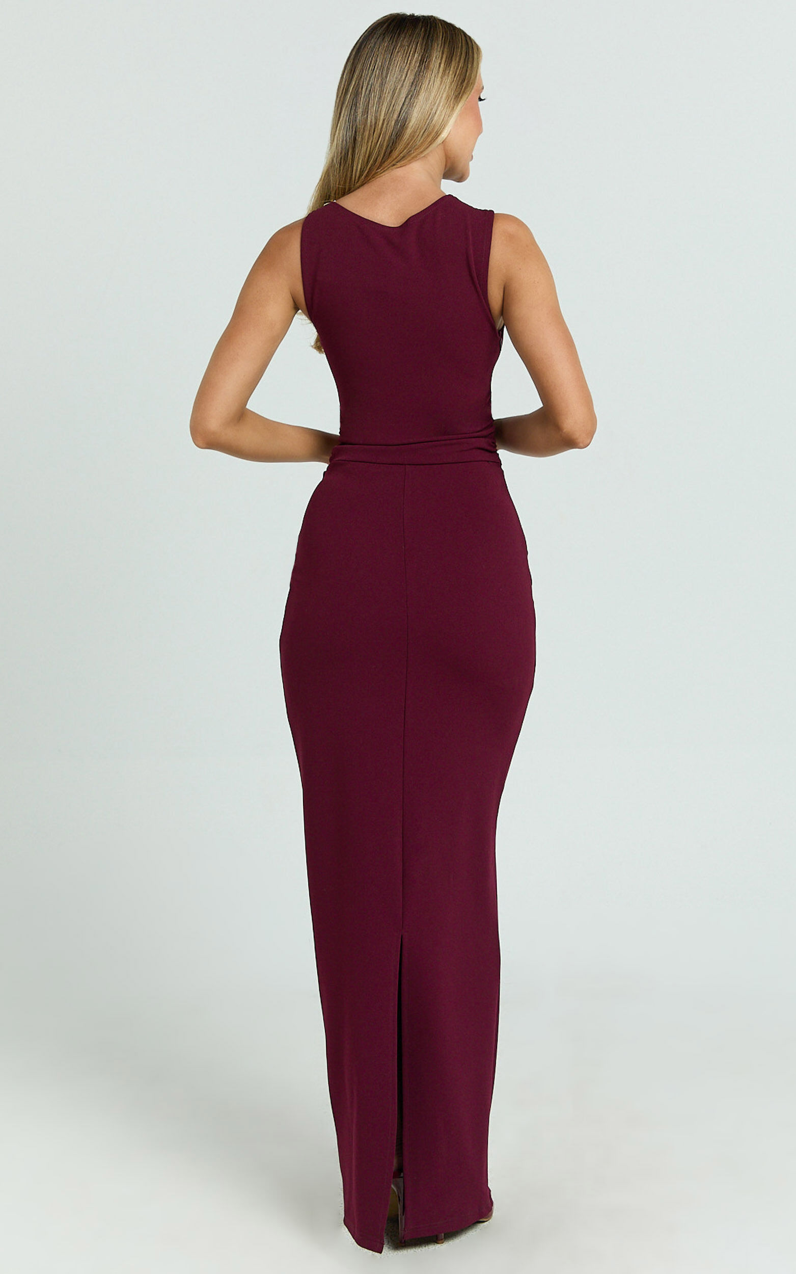 Marga Maxi Dress - High Neck Shoulder Detailing Dress in Wine
