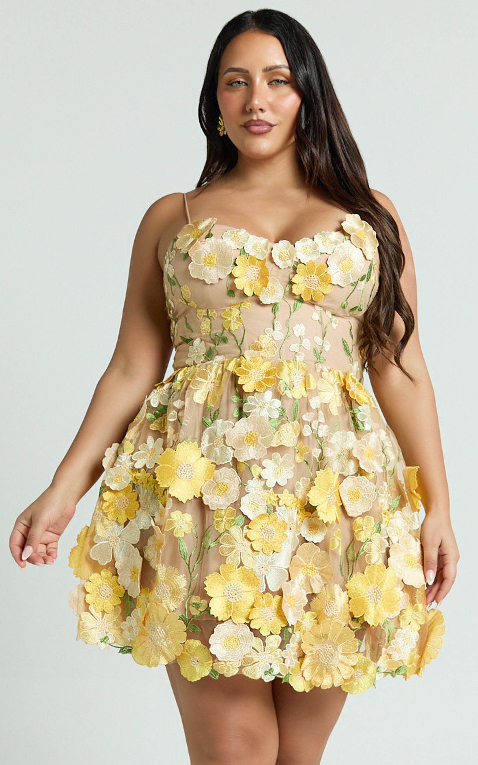 Amalie The Label - Mia Strappy Flower Detail Mini Dress in Yellow