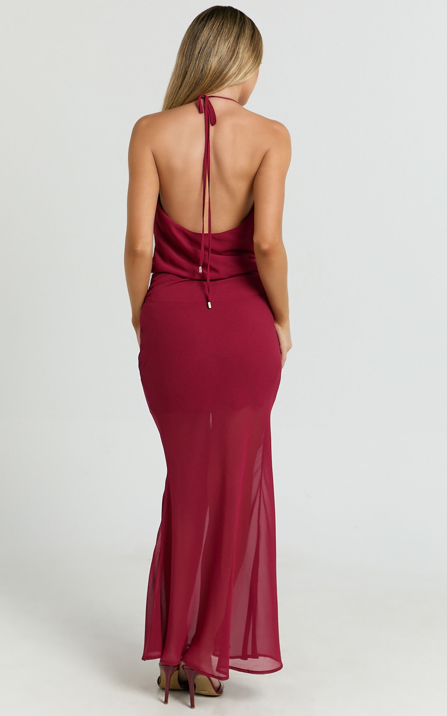 Saskia Two Piece Set - Cowl Tie Neck Top And Low Rise Maxi Skirt in Dark Red