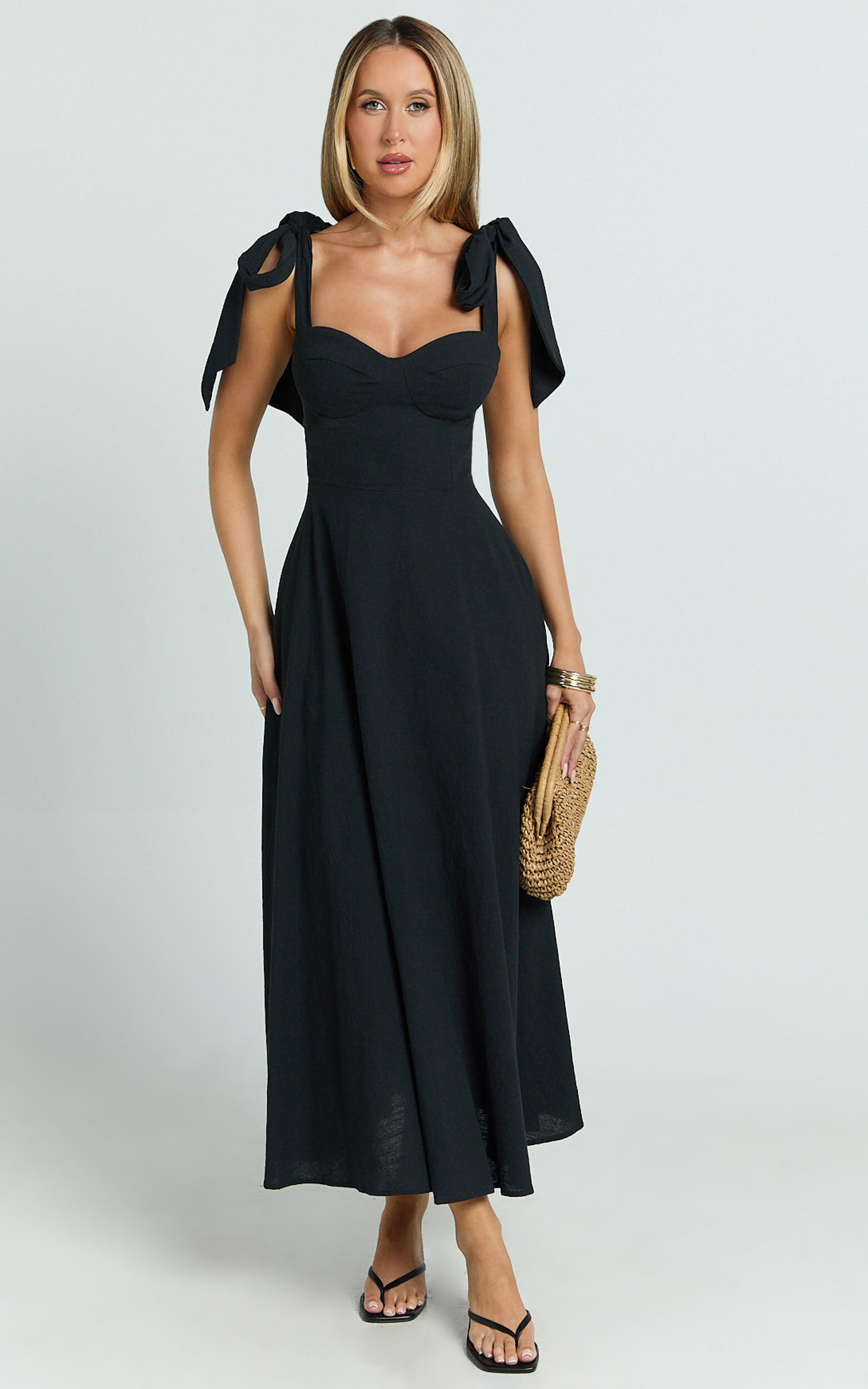 Tymia Midi Dress - Shoulder Tie Bustier Shirred Back A Line in Black