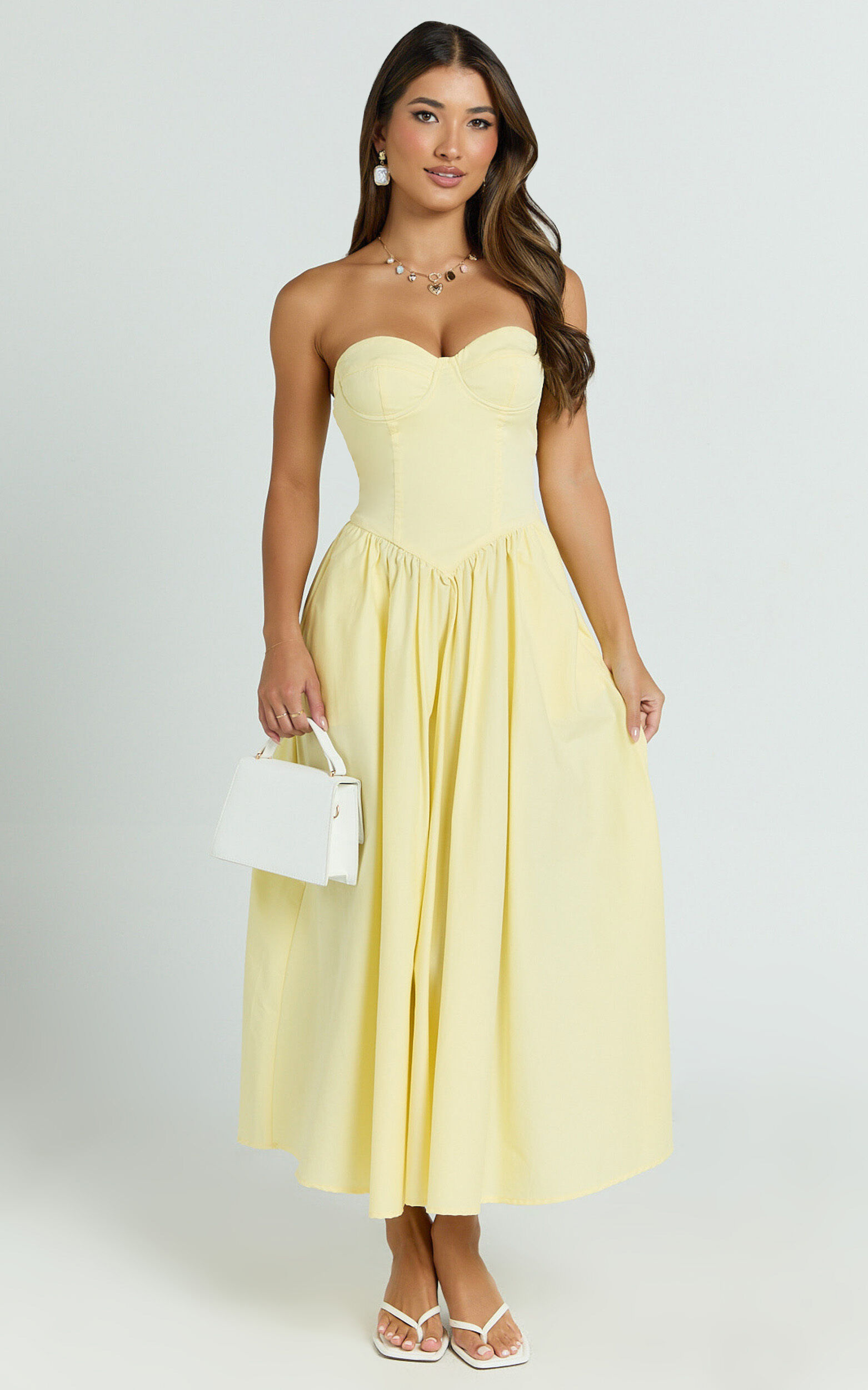 Daria Midi Dress - Strapless Corset Gathered Dress in Lemon