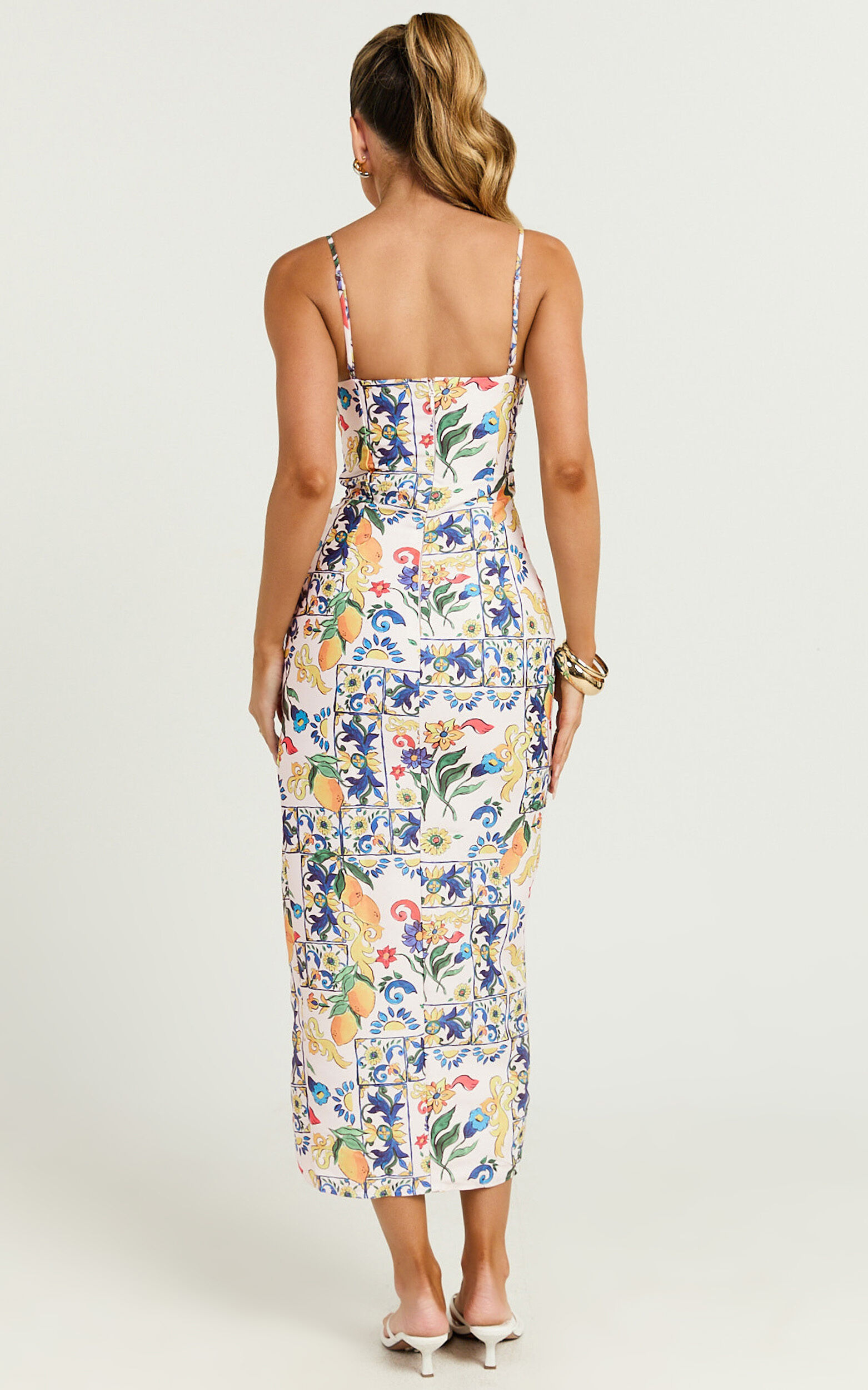 Janice Midi Dress - Knot Detail Front Split Dress in Positano Print