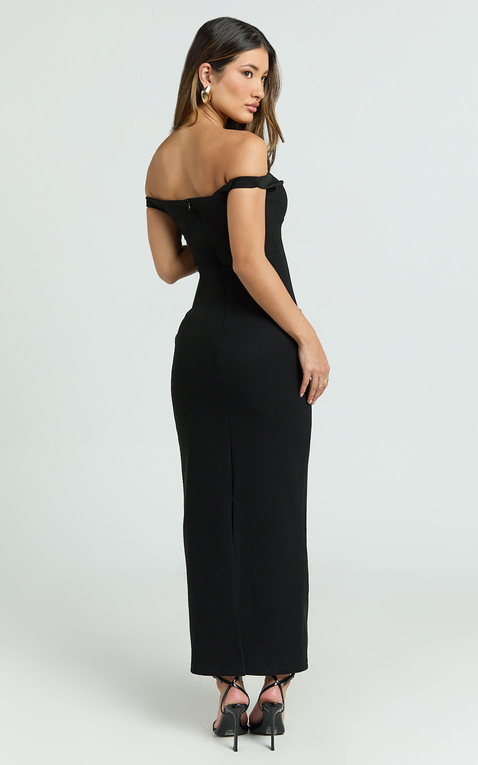 Vinnie Midi Dress - Off Shoulder Bustier Side Tuck Fitted Dress in Black