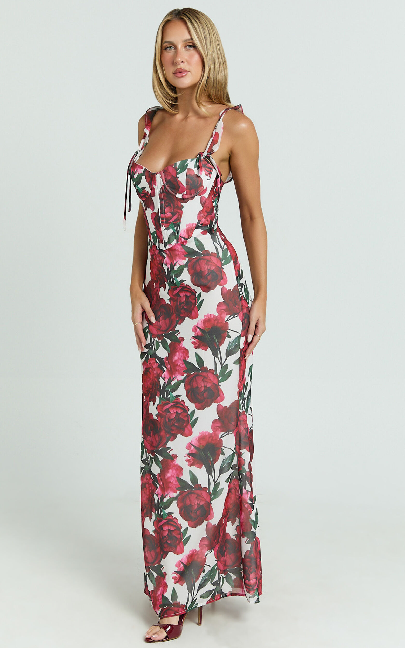 Mabel Maxi Dress - Georgette Frill Sleeve Sweetheart Bias Cut Dress in Rose Blanca