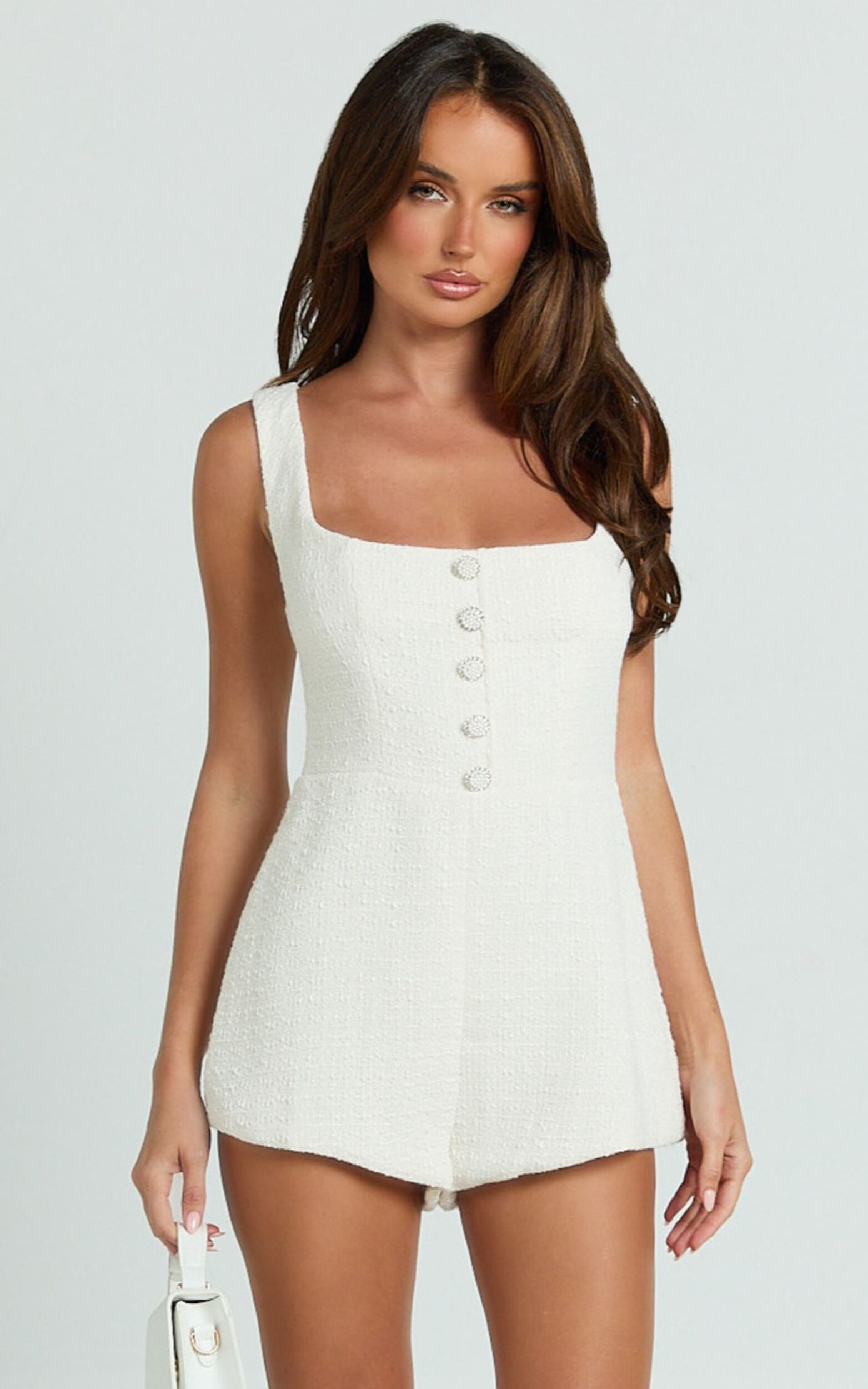 Brylee Playsuit - Scoop Neck Boucle Button Down Playsuit in Cream