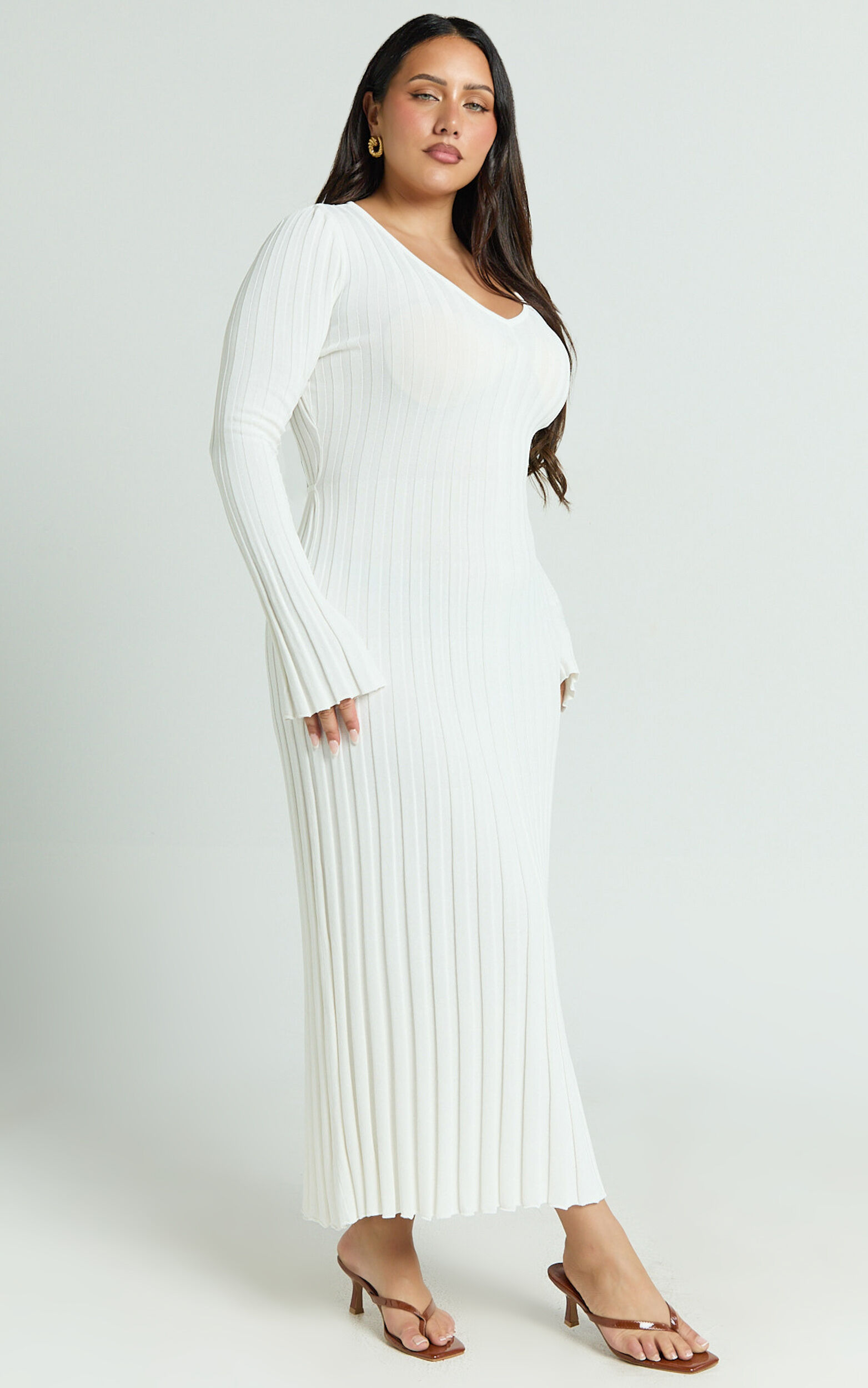 Astra Midi Dress - V Neck Long Sleeve Knit Dress in White