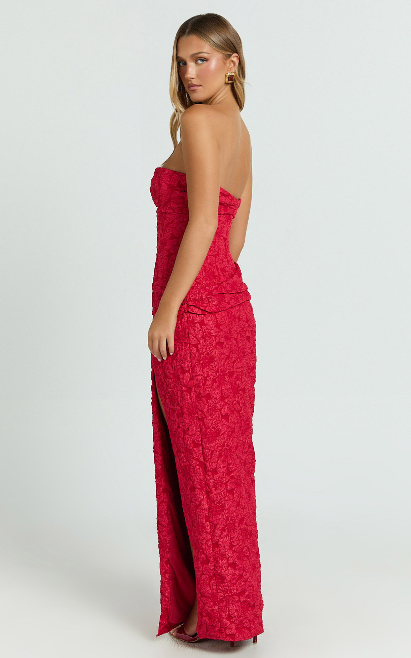 Berri Maxi Dress - Strapless Jacquard High Split Dress in Red