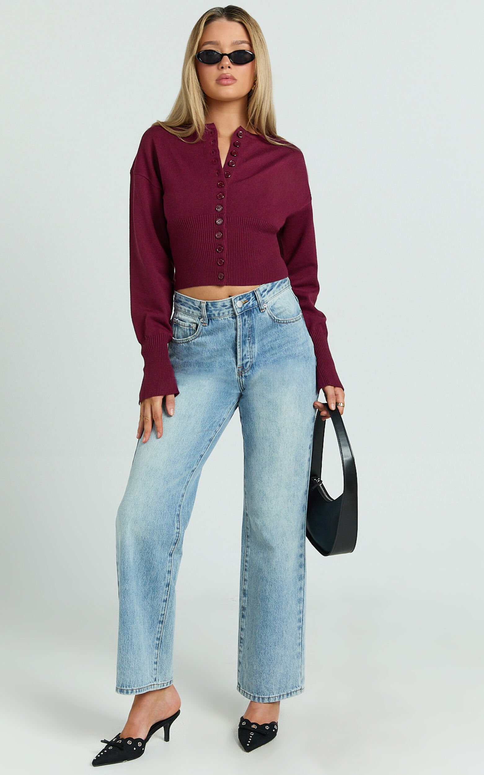 Ramsey Cardigan - Recycled Contoured Waist Button Down Cardigan in Wine