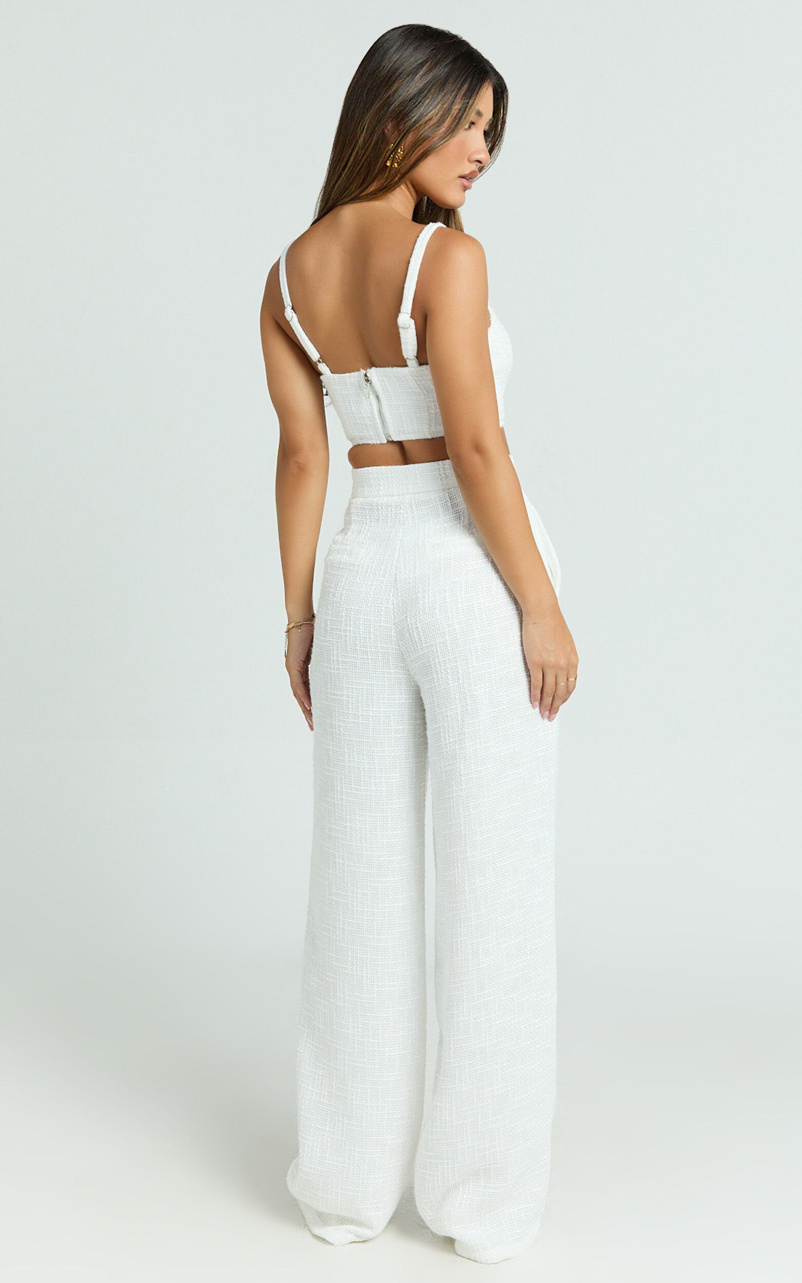 Sylvia Two Piece Set - Corset Top and High Waisted Wide Leg Pants Set in White