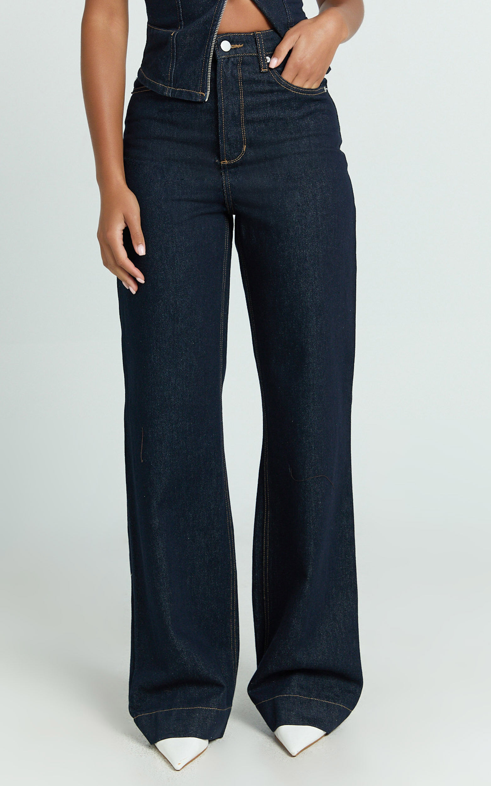 Emman Jeans - High Waisted Cotton Wide Leg Denim Jeans in Raw Denim with Tobacco Stitch