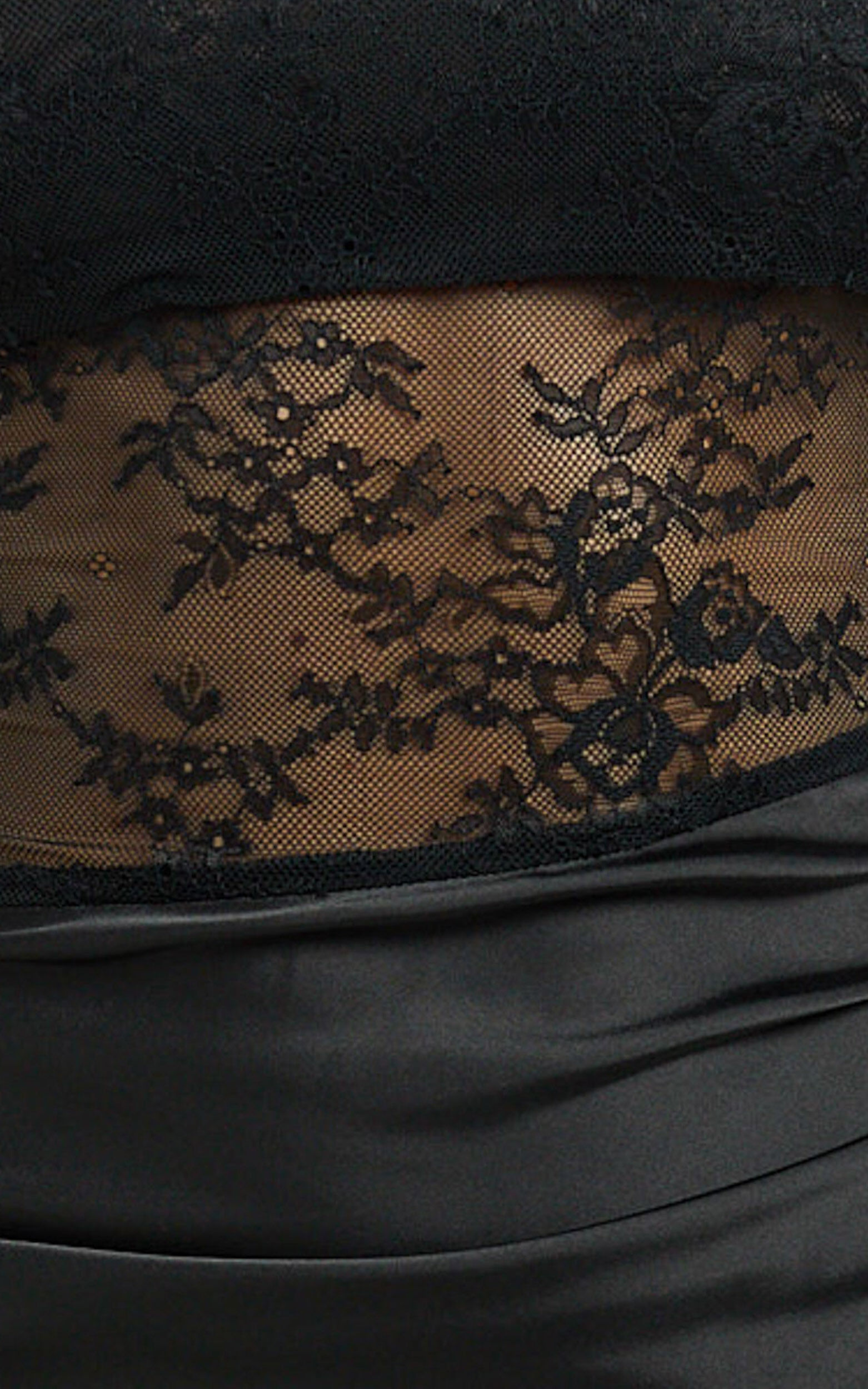 Reeves Maxi Dress - Contrast Lace High Neck Fitted Satin Dress in Black