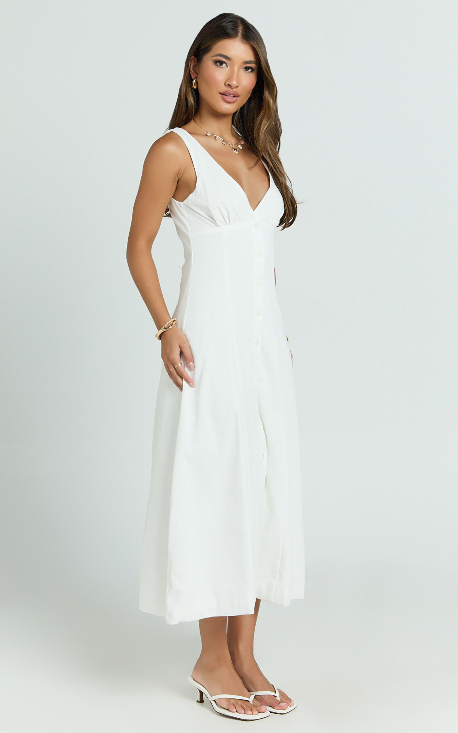 Zula Midi Dress - V Neck Sleeveless Under Bust Seam Circular Skirt Dress in White