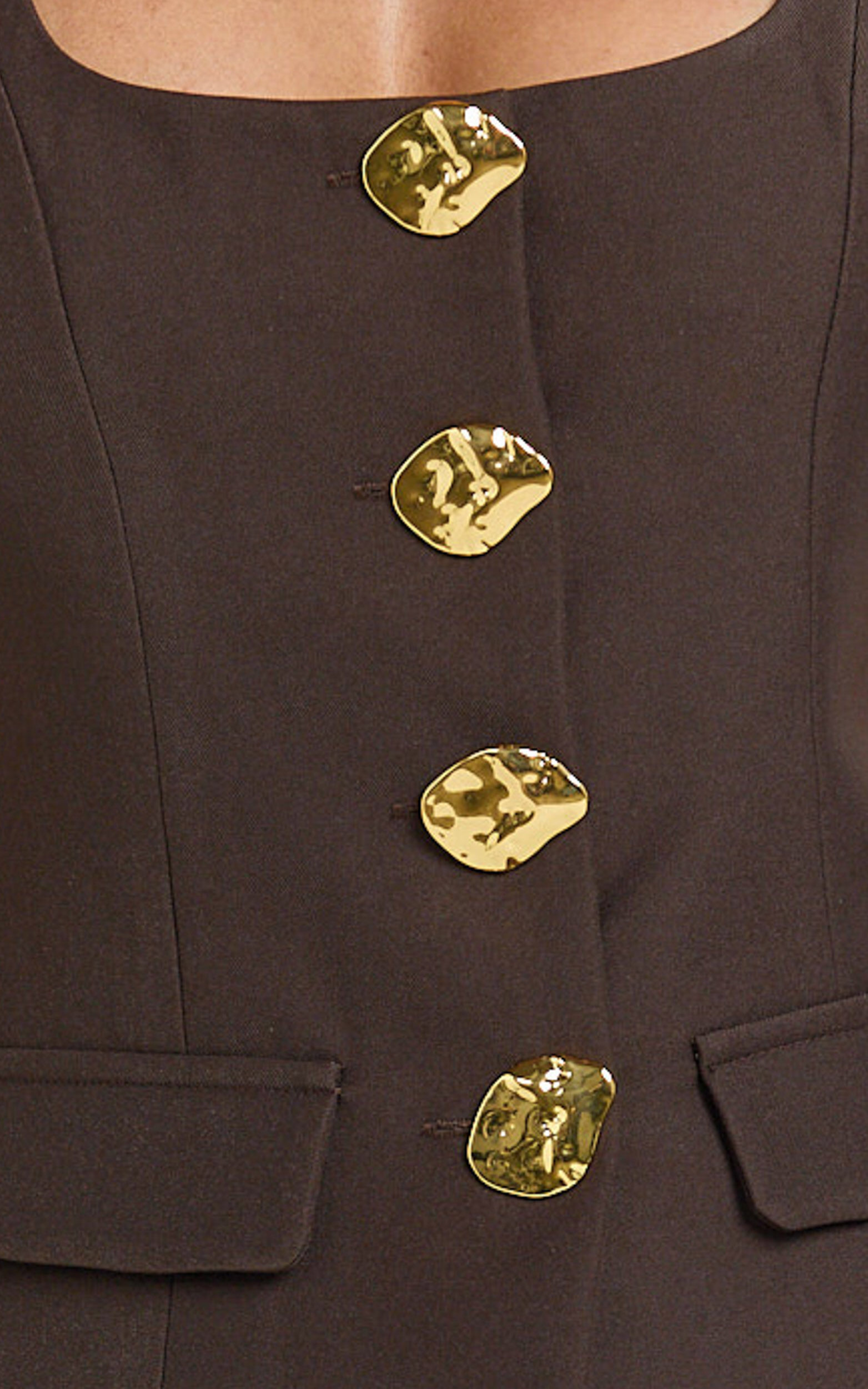 Phyllis Two Piece Set - Tailored Scoop Neck Vest Top and A Line Mini Skirt Set with Gold Buttons in Chocolate