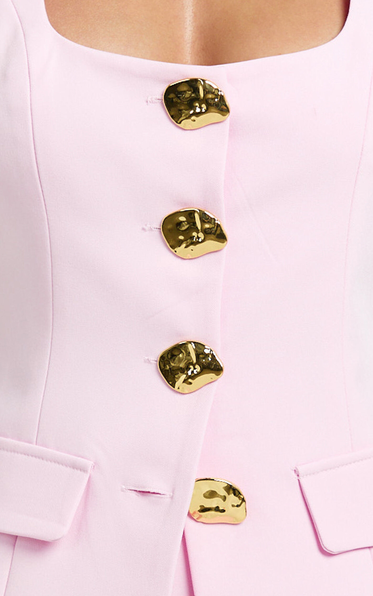 Phyllis Two Piece Set - Tailored Scoop Neck Vest Top and A Line Mini Skirt Set with Gold Buttons in Pink